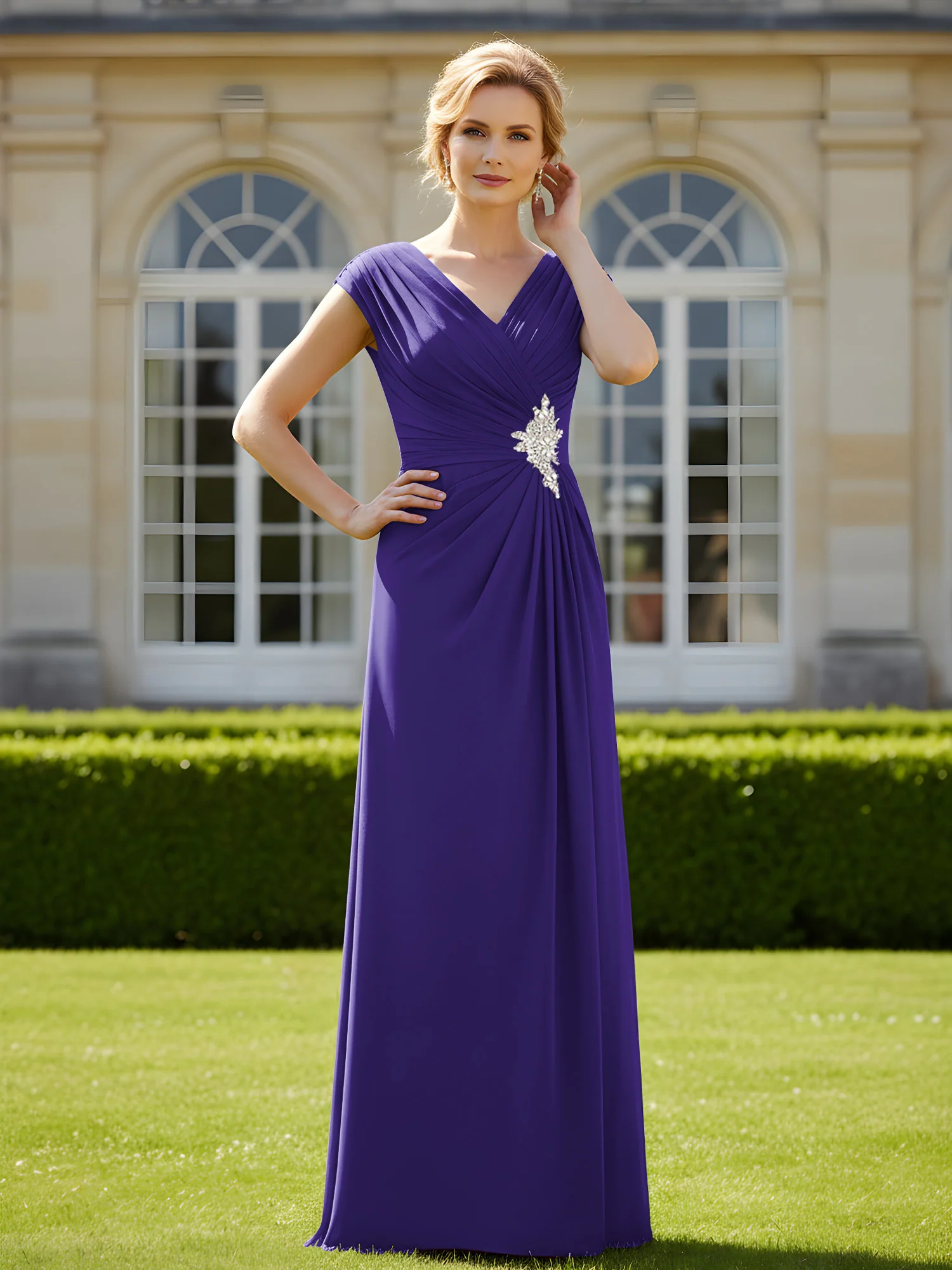 Beaded V-neck Pleated Chiffon A-Line Sequins Dress Regency