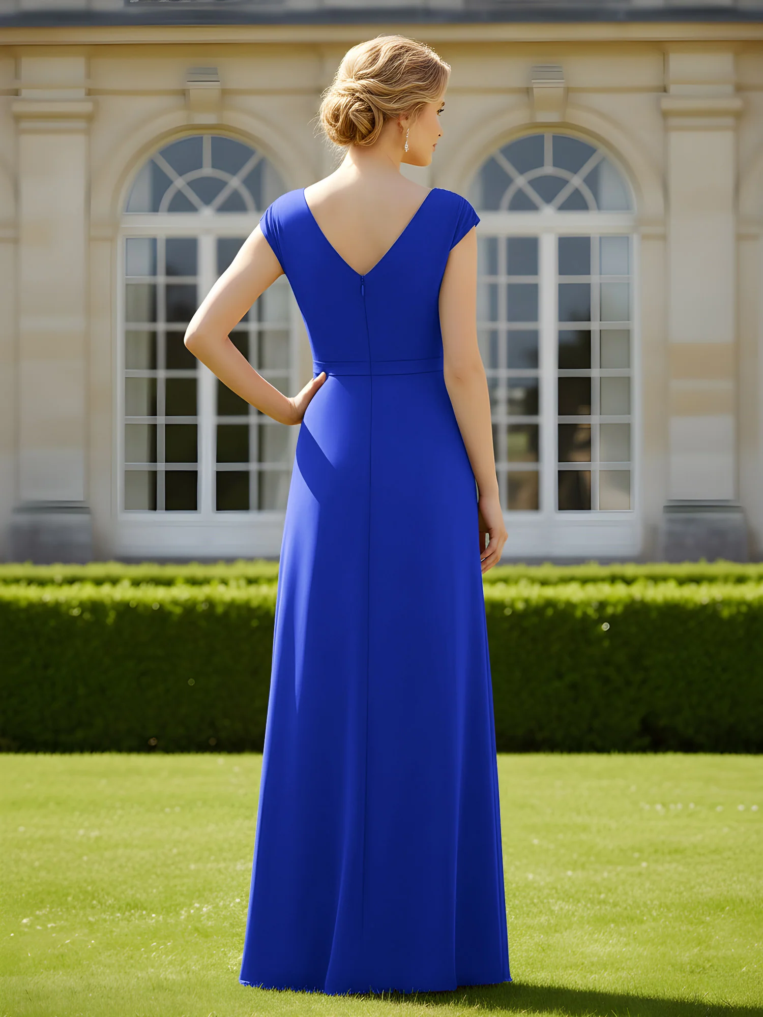 Beaded V-neck Pleated Chiffon A-Line Sequins Dress Royal Blue - Image 2
