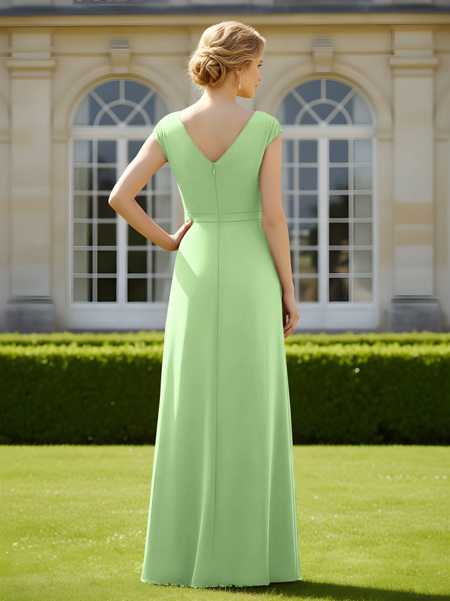 Beaded V-neck Pleated Chiffon A-Line Sequins Dress Sage - Image 2