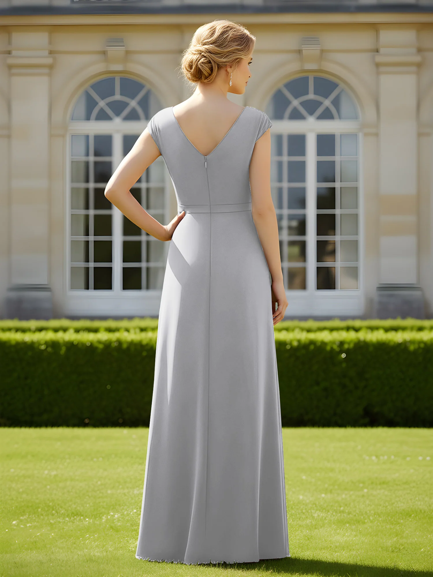 Beaded V-neck Pleated Chiffon A-Line Sequins Dress Silver - Image 2