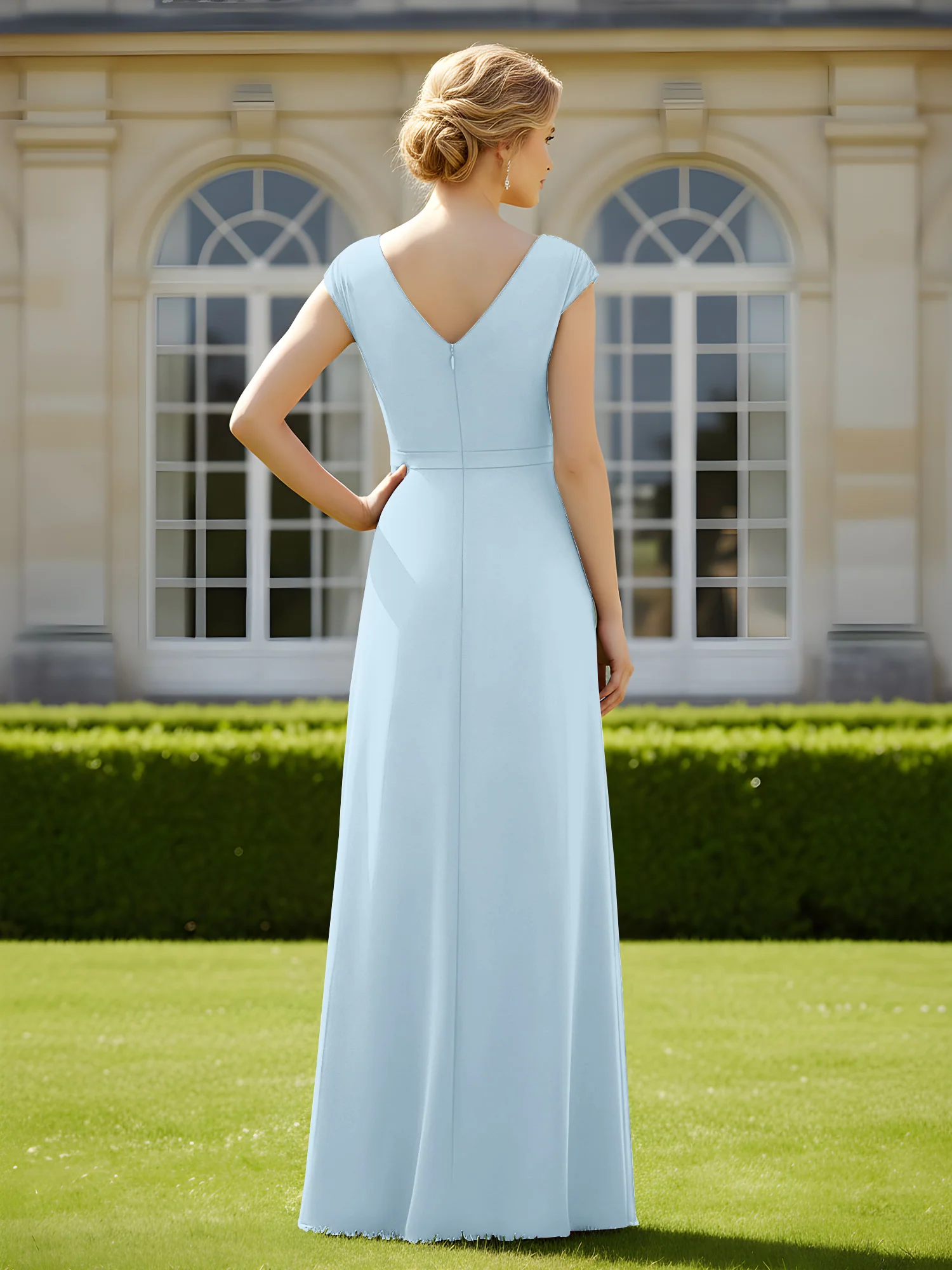 Beaded V-neck Pleated Chiffon A-Line Sequins Dress Sky Blue - Image 2