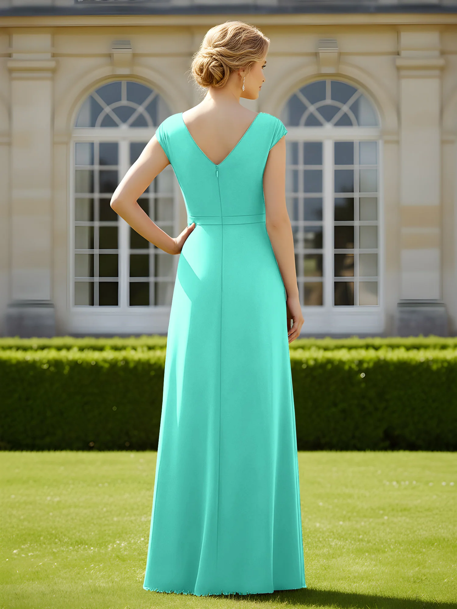 Beaded V-neck Pleated Chiffon A-Line Sequins Dress Spa - Image 2