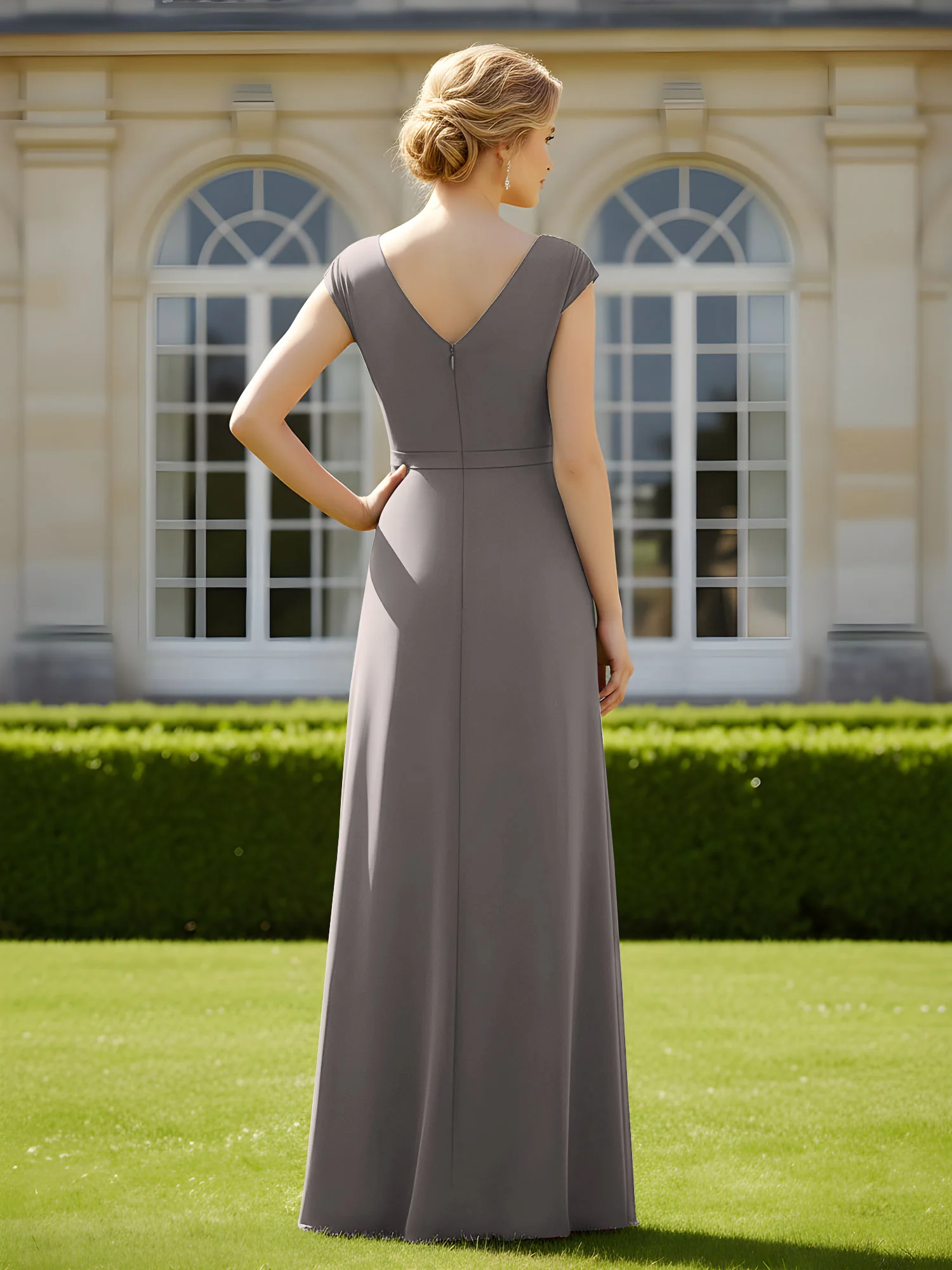 Beaded V-neck Pleated Chiffon A-Line Sequins Dress Steel Grey - Image 2