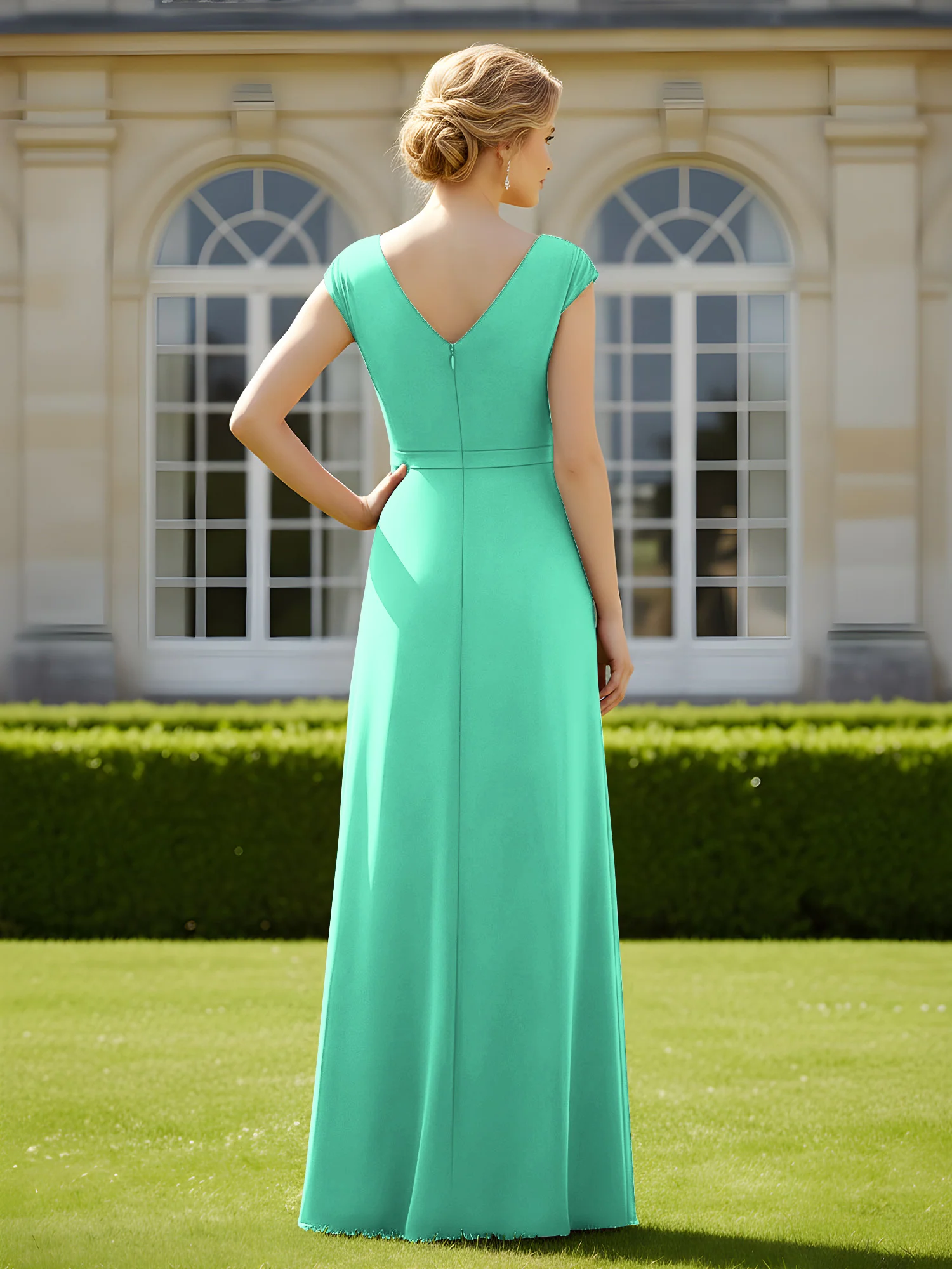 Beaded V-neck Pleated Chiffon A-Line Sequins Dress Turquoise - Image 2