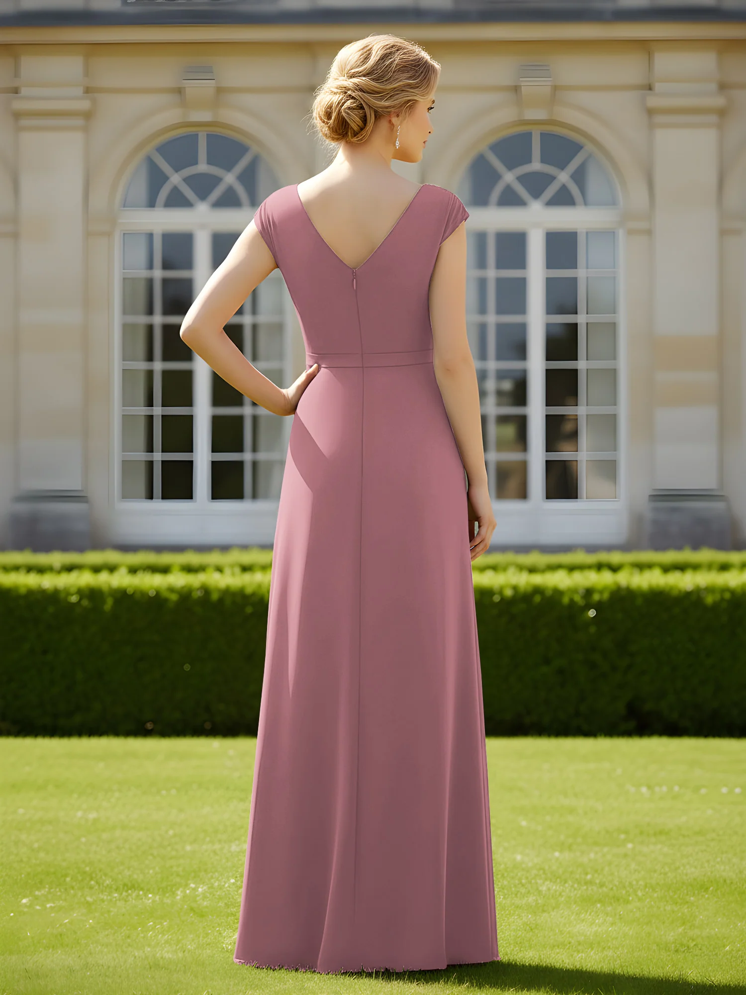 Beaded V-neck Pleated Chiffon A-Line Sequins Dress Vintage Mauve - Image 2