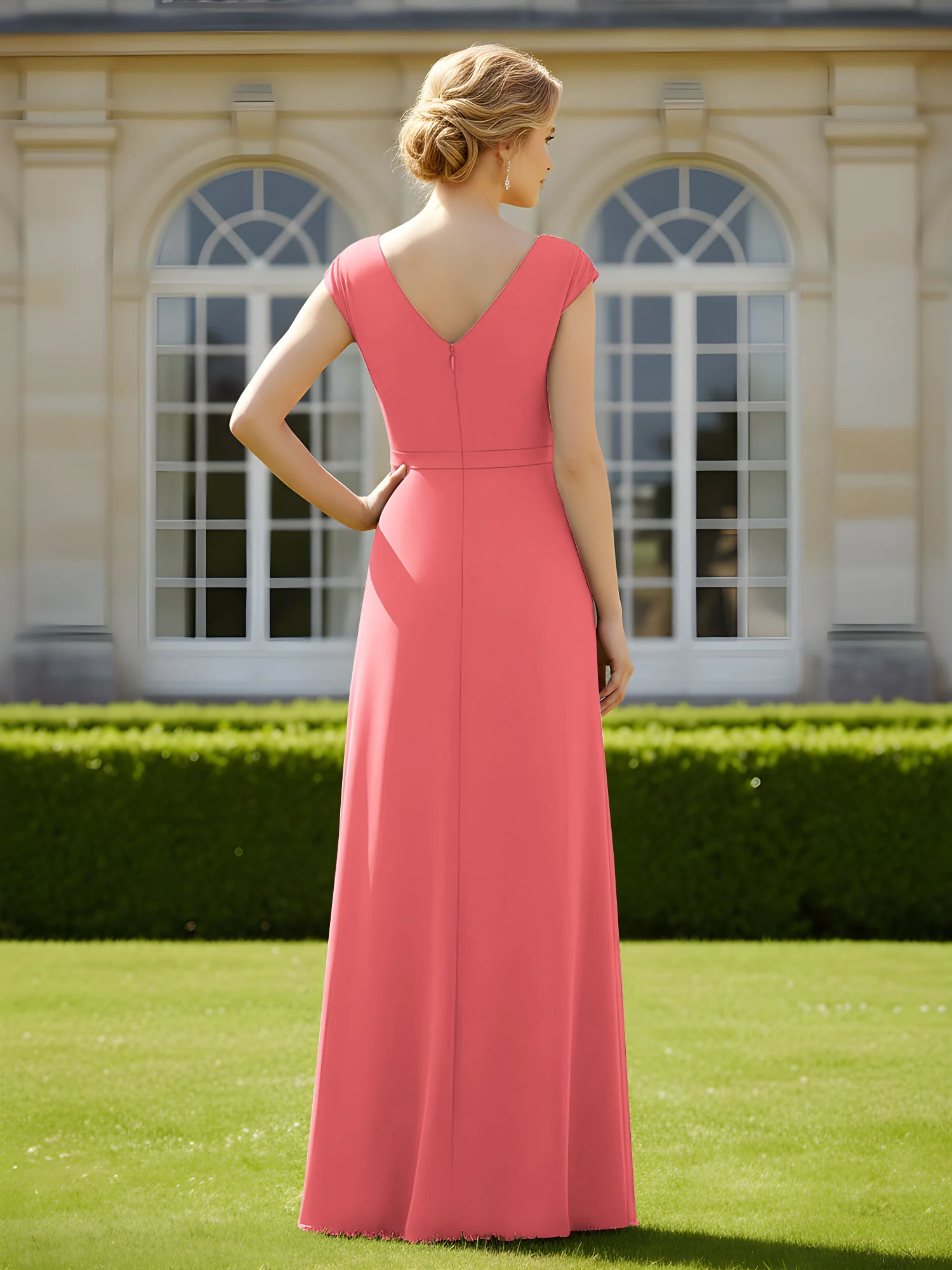 Beaded V-neck Pleated Chiffon A-Line Sequins Dress Watermelon - Image 2