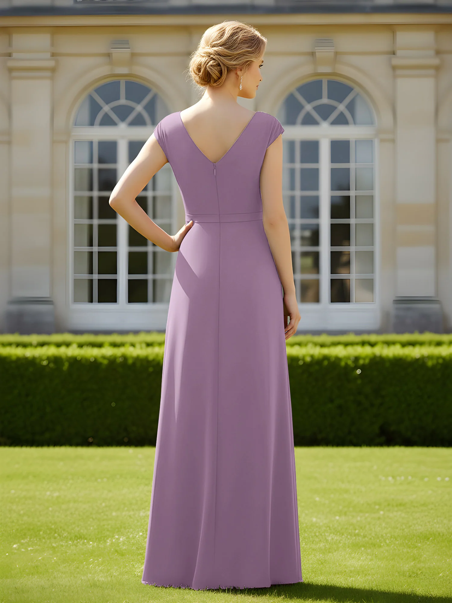 Beaded V-neck Pleated Chiffon A-Line Sequins Dress Wisteria - Image 2