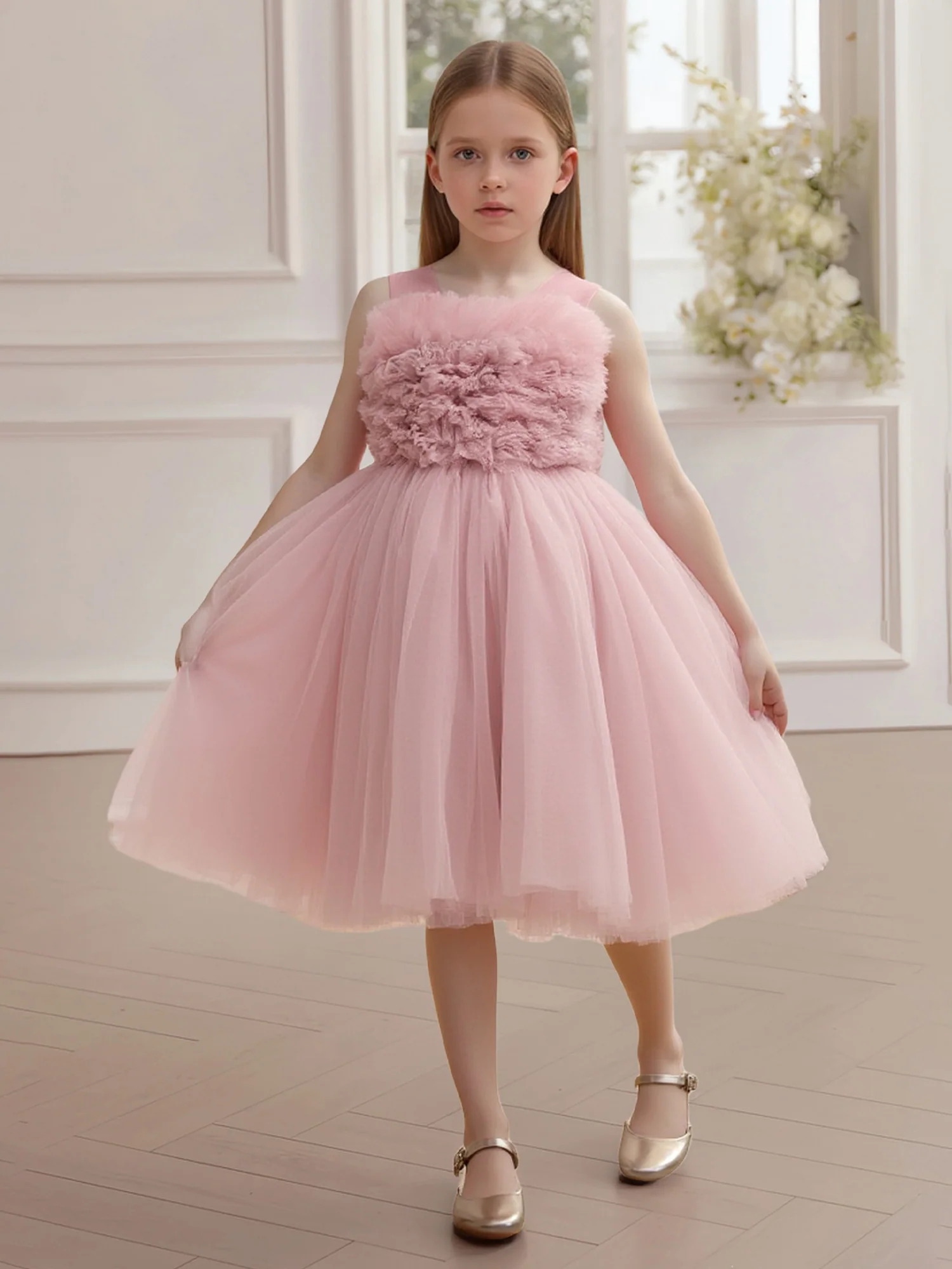 Sleeveless Floral Applique Bodice Tulle Flower Girl Dress Dusty Rose