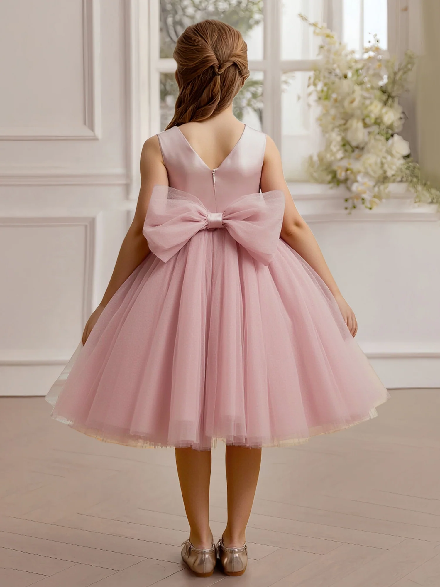 Sleeveless Floral Applique Bodice Tulle Flower Girl Dress Dusty Rose - Image 2