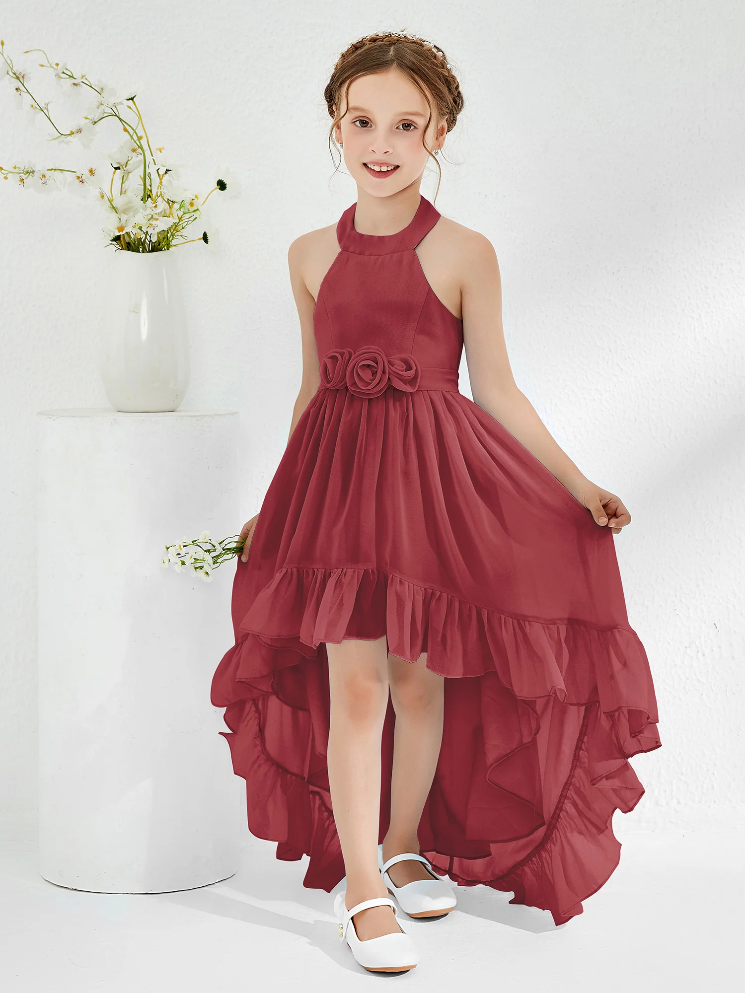 Asymmetrical A-line Junior Bridesmaid Dresses with Flower Cinnamon Rose