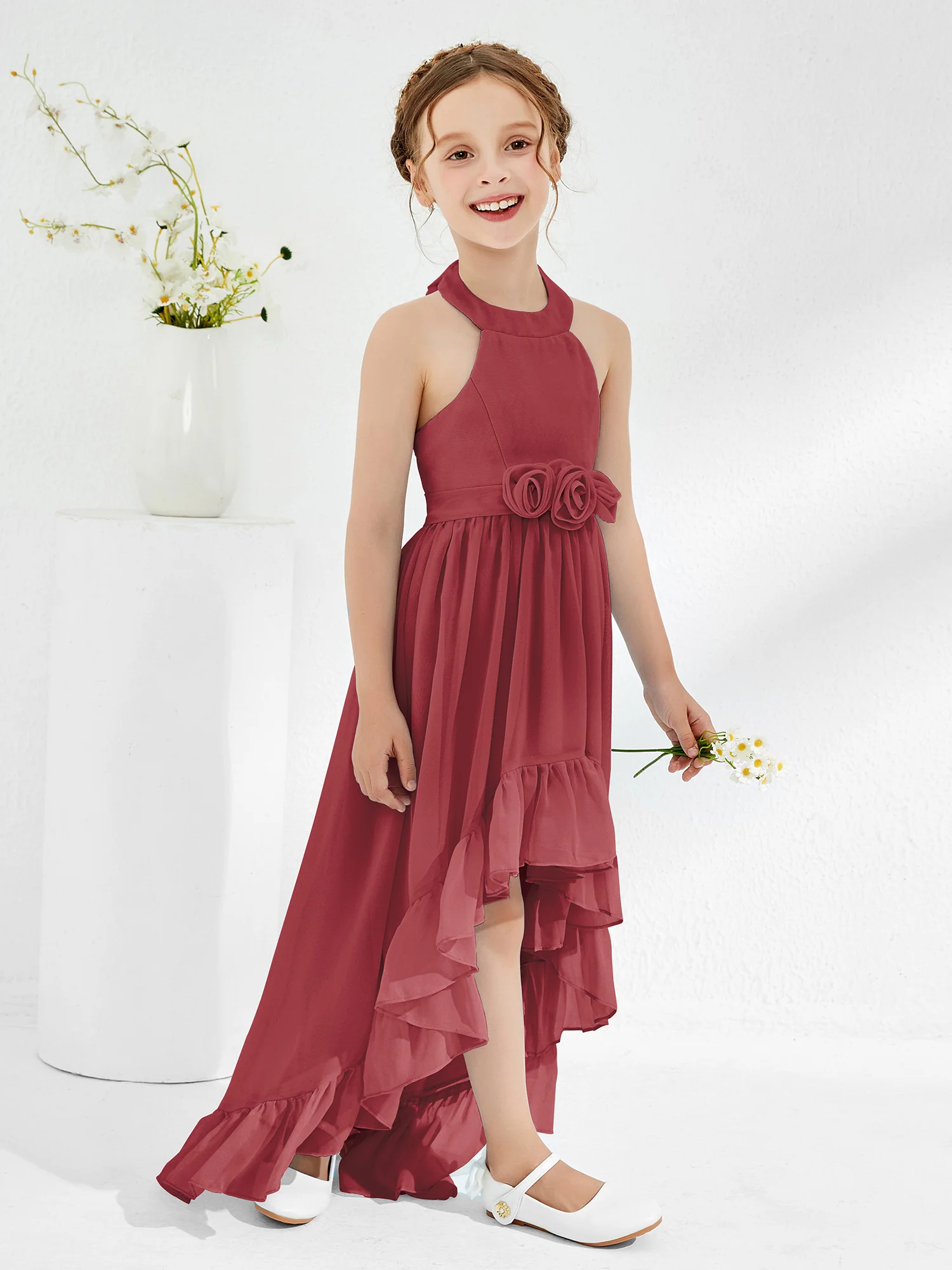 Asymmetrical A-line Junior Bridesmaid Dresses with Flower Cinnamon Rose - Image 3