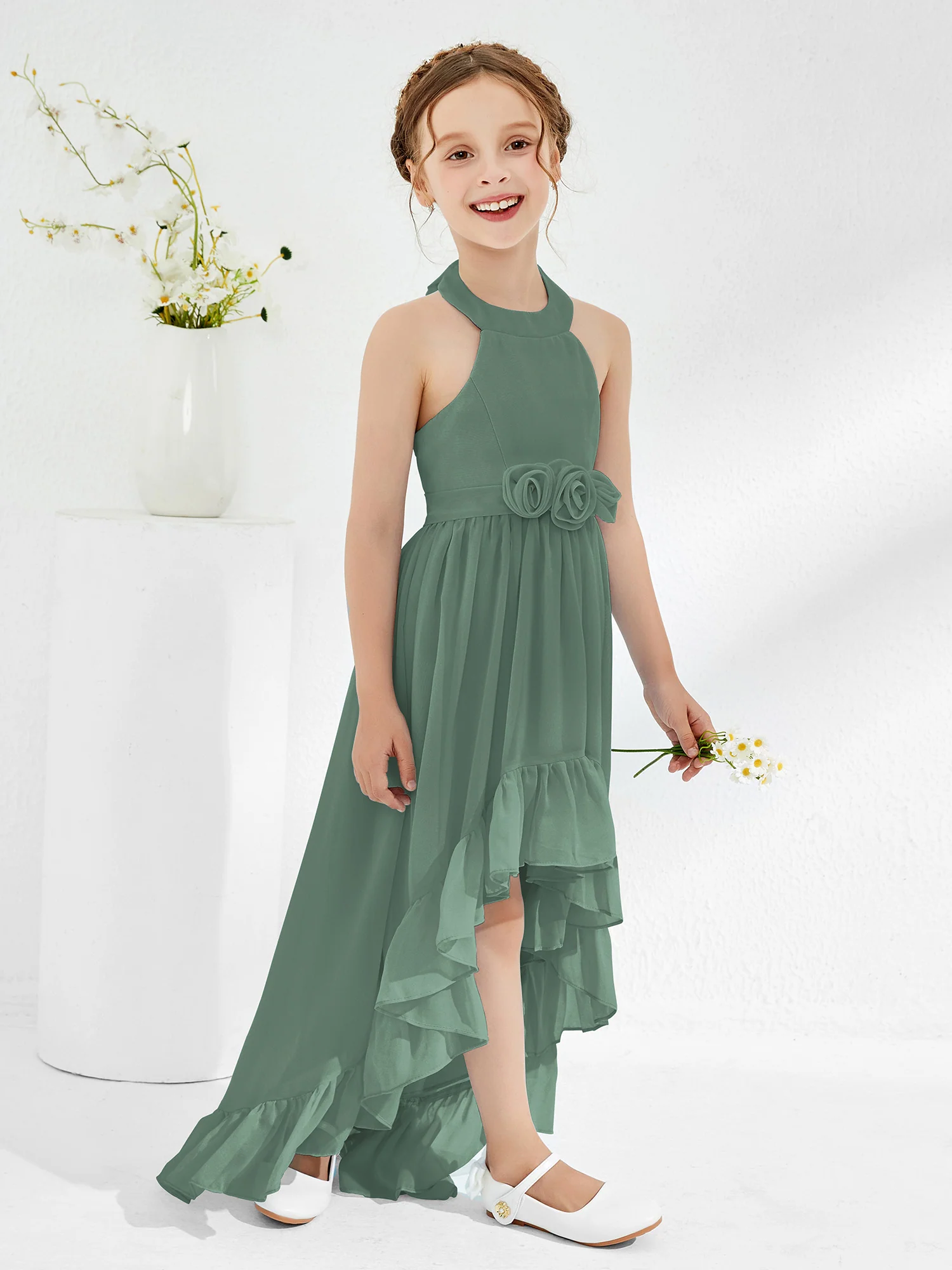 Asymmetrical A-line Junior Bridesmaid Dresses with Flower Eucalyptus - Image 3