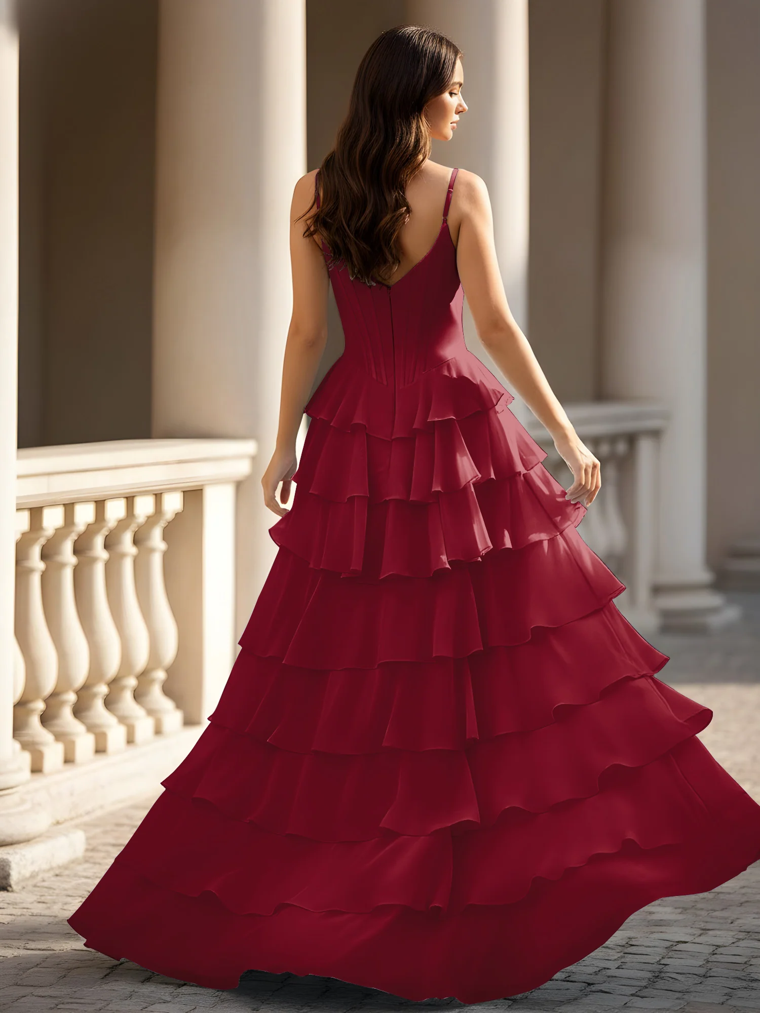 Spaghetti Straps A-Line Chiffon Tiered Dress With Slit Burgundy - Image 2
