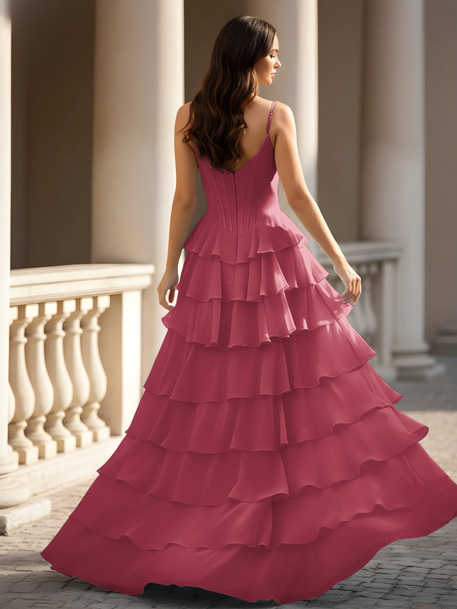 Spaghetti Straps A-Line Chiffon Tiered Dress With Slit Cinnamon Rose - Image 2