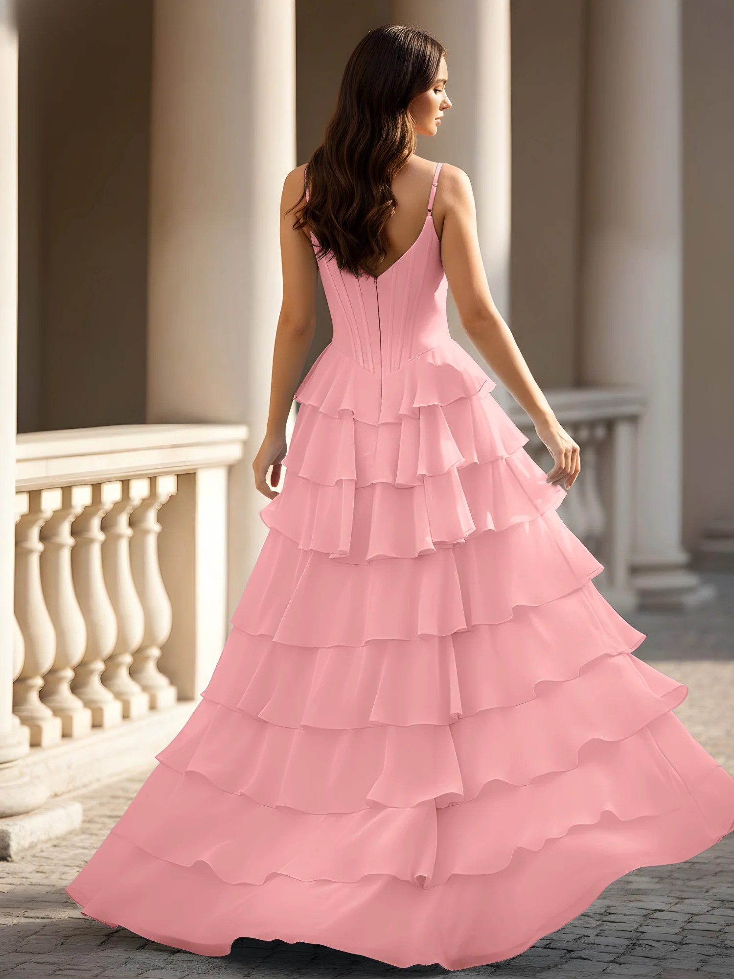 Spaghetti Straps A-Line Chiffon Tiered Dress With Slit Flamingo - Image 2