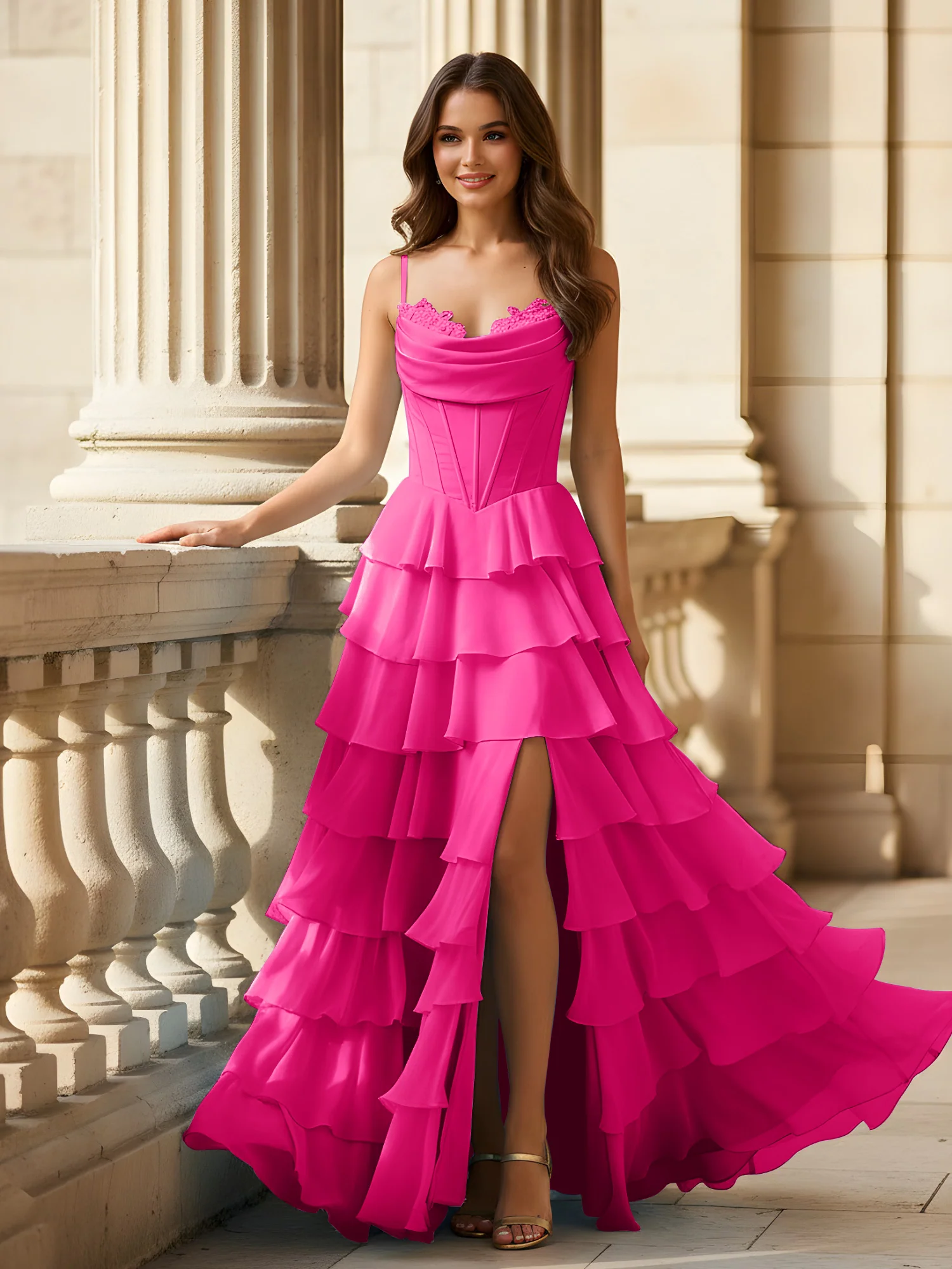 Spaghetti Straps A-Line Chiffon Tiered Dress With Slit Fuchsia