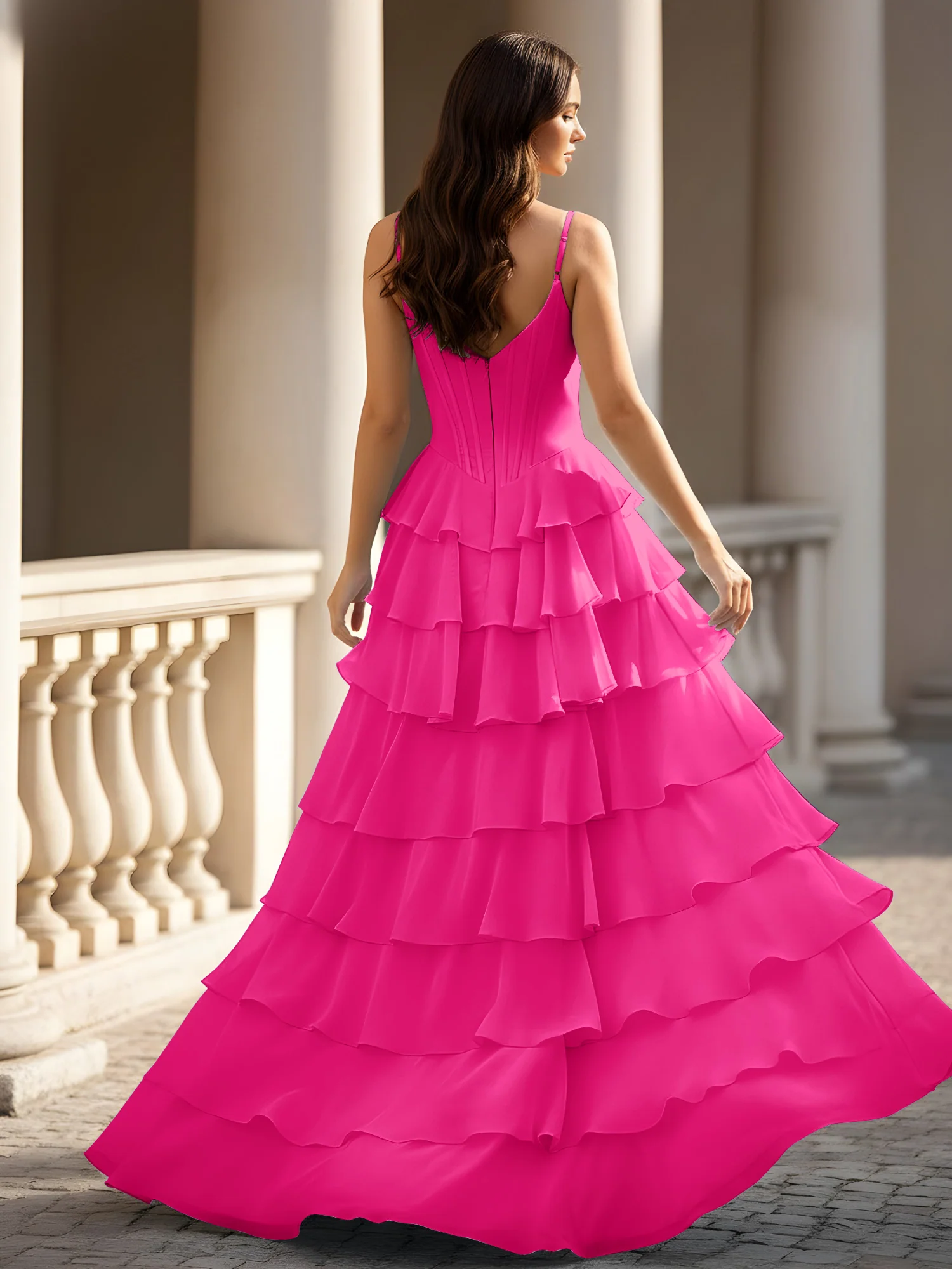 Spaghetti Straps A-Line Chiffon Tiered Dress With Slit Fuchsia - Image 2