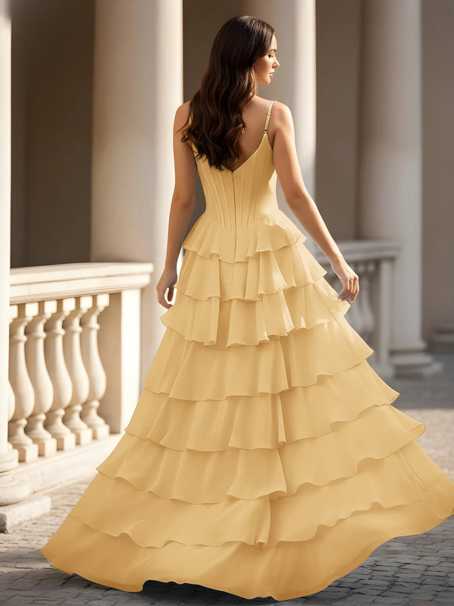 Spaghetti Straps A-Line Chiffon Tiered Dress With Slit Gold - Image 2