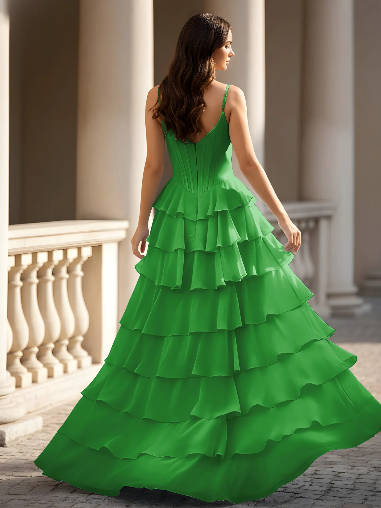 Spaghetti Straps A-Line Chiffon Tiered Dress With Slit Green - Image 2