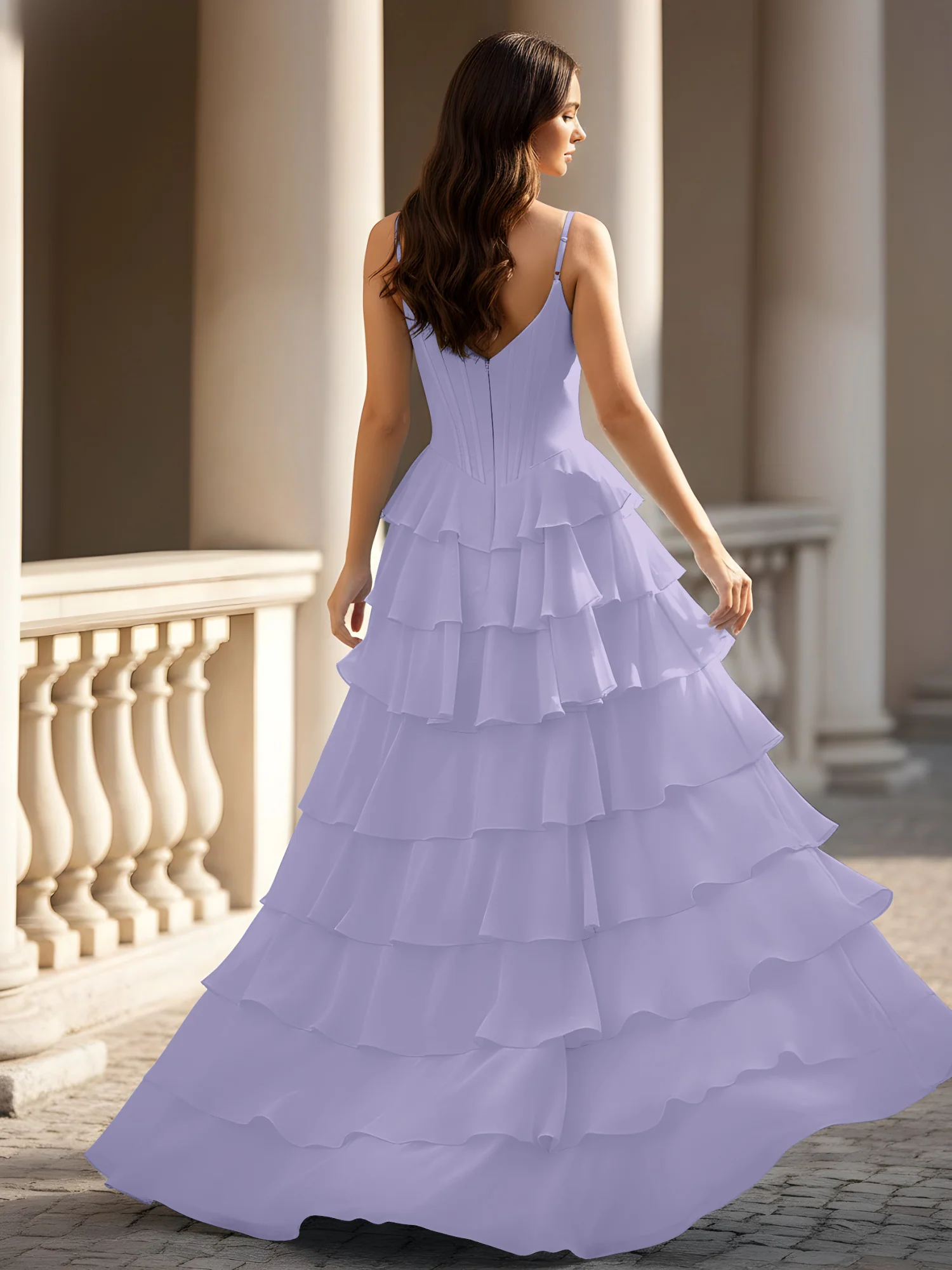 Spaghetti Straps A-Line Chiffon Tiered Dress With Slit Lavender - Image 2
