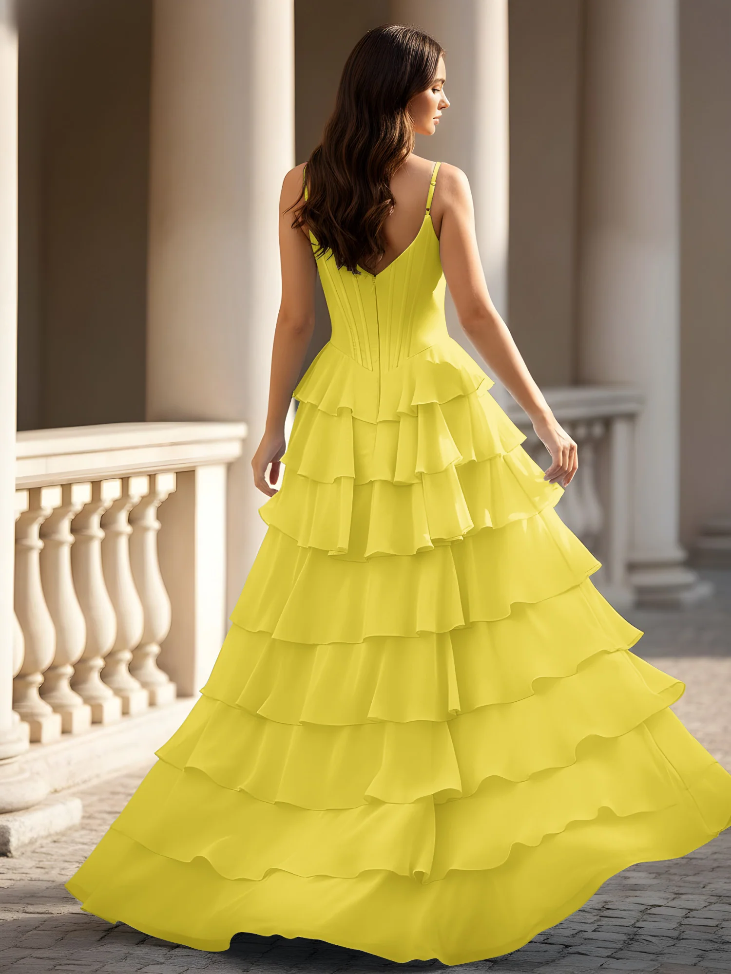 Spaghetti Straps A-Line Chiffon Tiered Dress With Slit Lemon - Image 2