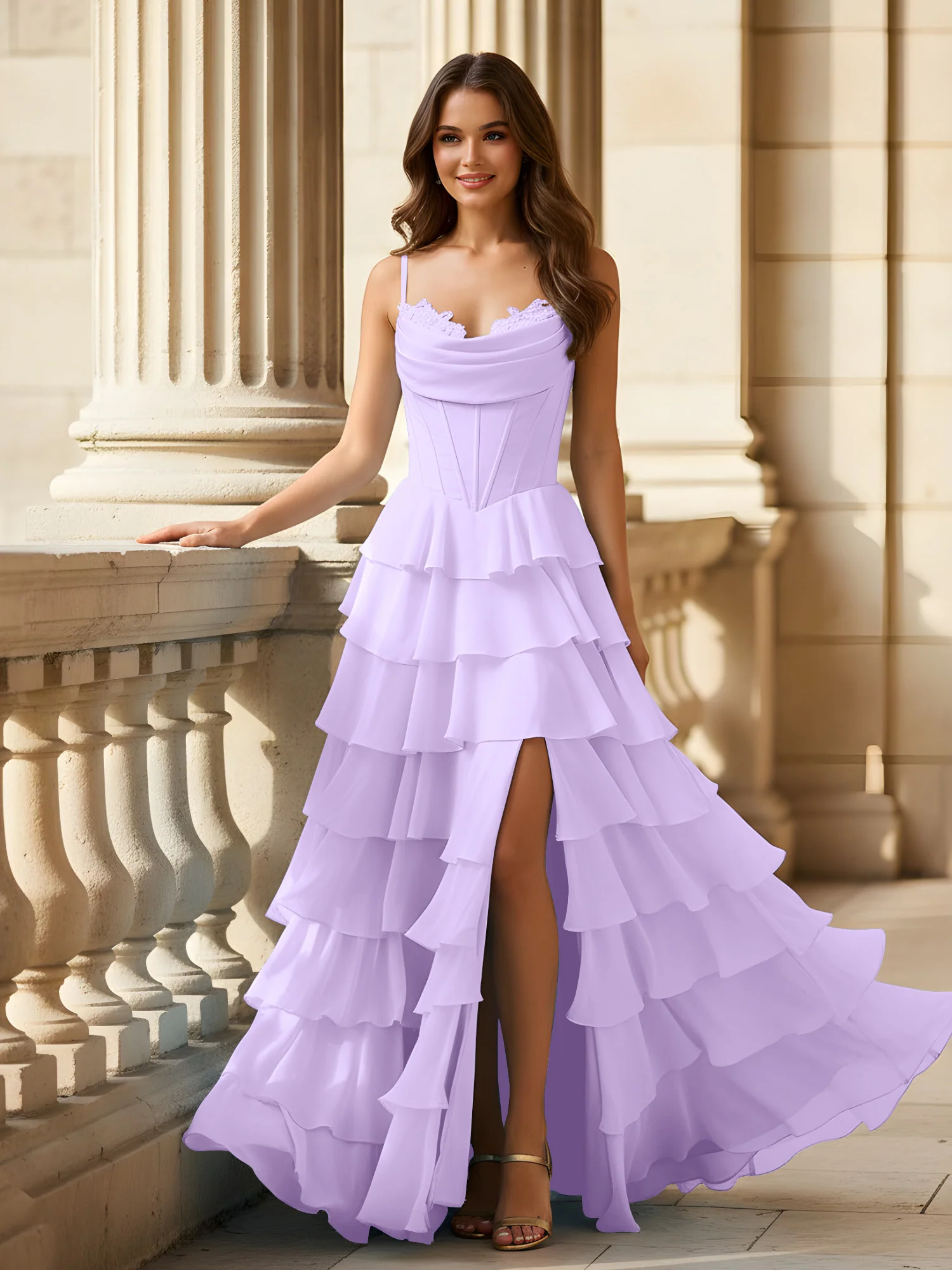 Spaghetti Straps A-Line Chiffon Tiered Dress With Slit Lilac