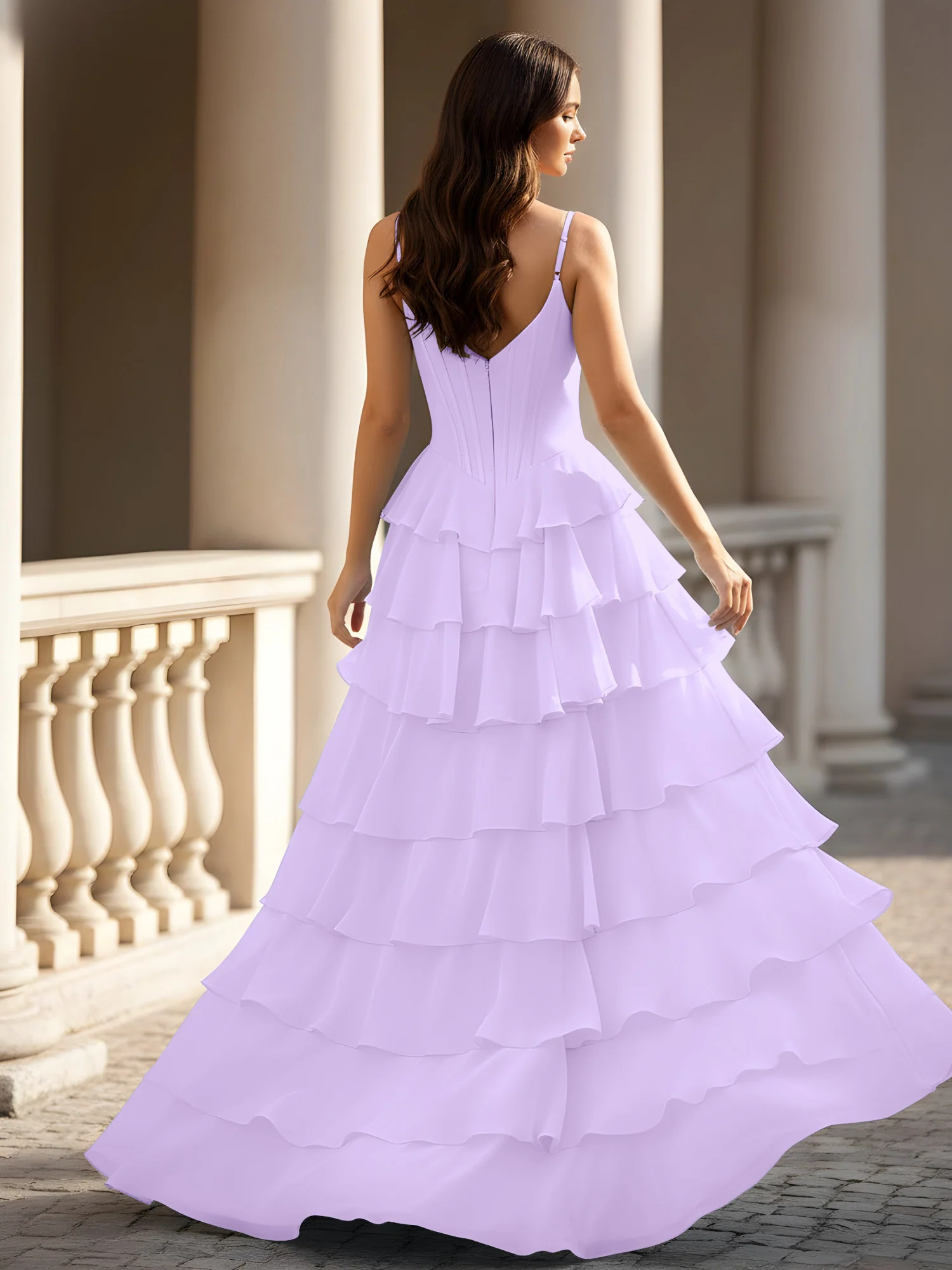 Spaghetti Straps A-Line Chiffon Tiered Dress With Slit Lilac - Image 2