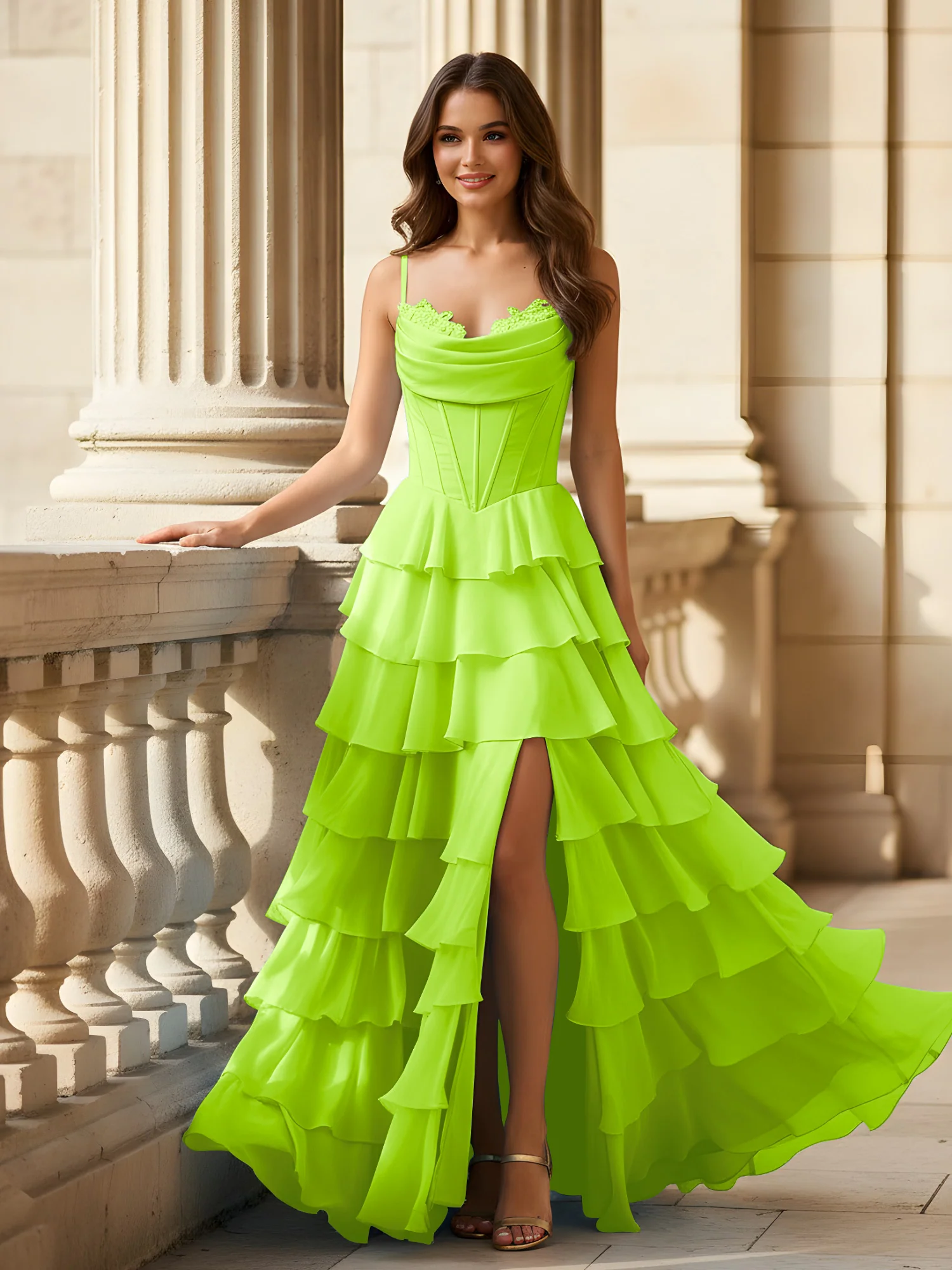 Spaghetti Straps A-Line Chiffon Tiered Dress With Slit Lime Green