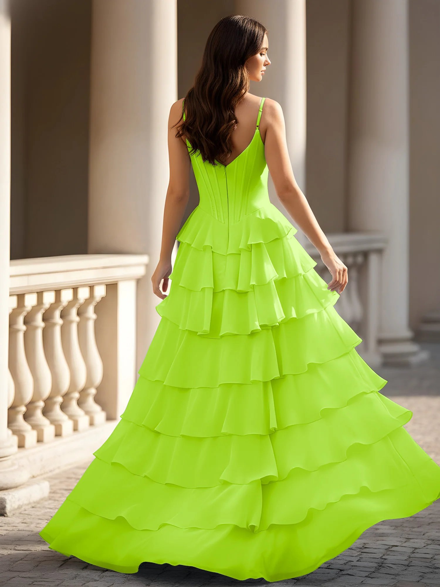 Spaghetti Straps A-Line Chiffon Tiered Dress With Slit Lime Green - Image 2