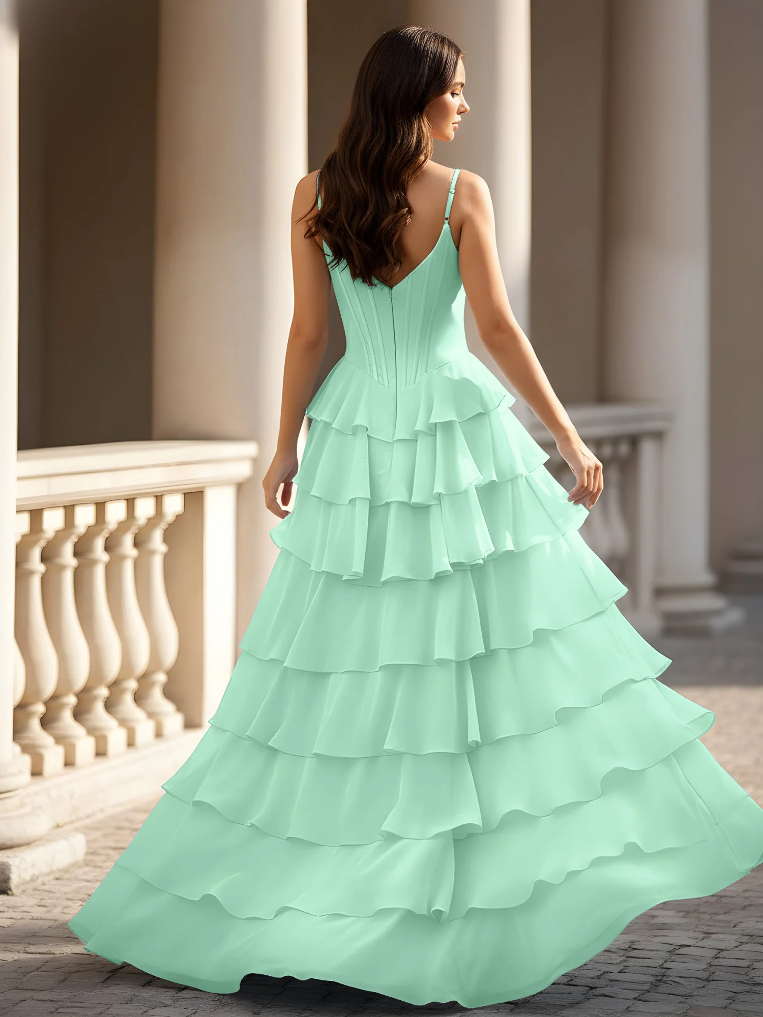 Spaghetti Straps A-Line Chiffon Tiered Dress With Slit Mint Green - Image 2