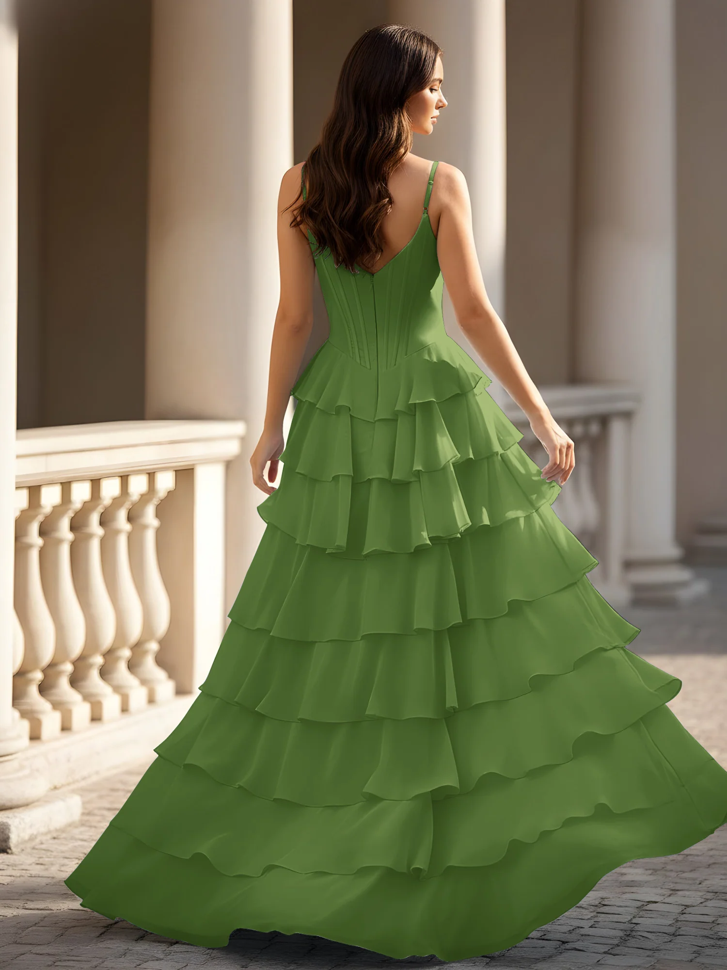 Spaghetti Straps A-Line Chiffon Tiered Dress With Slit Moss - Image 2