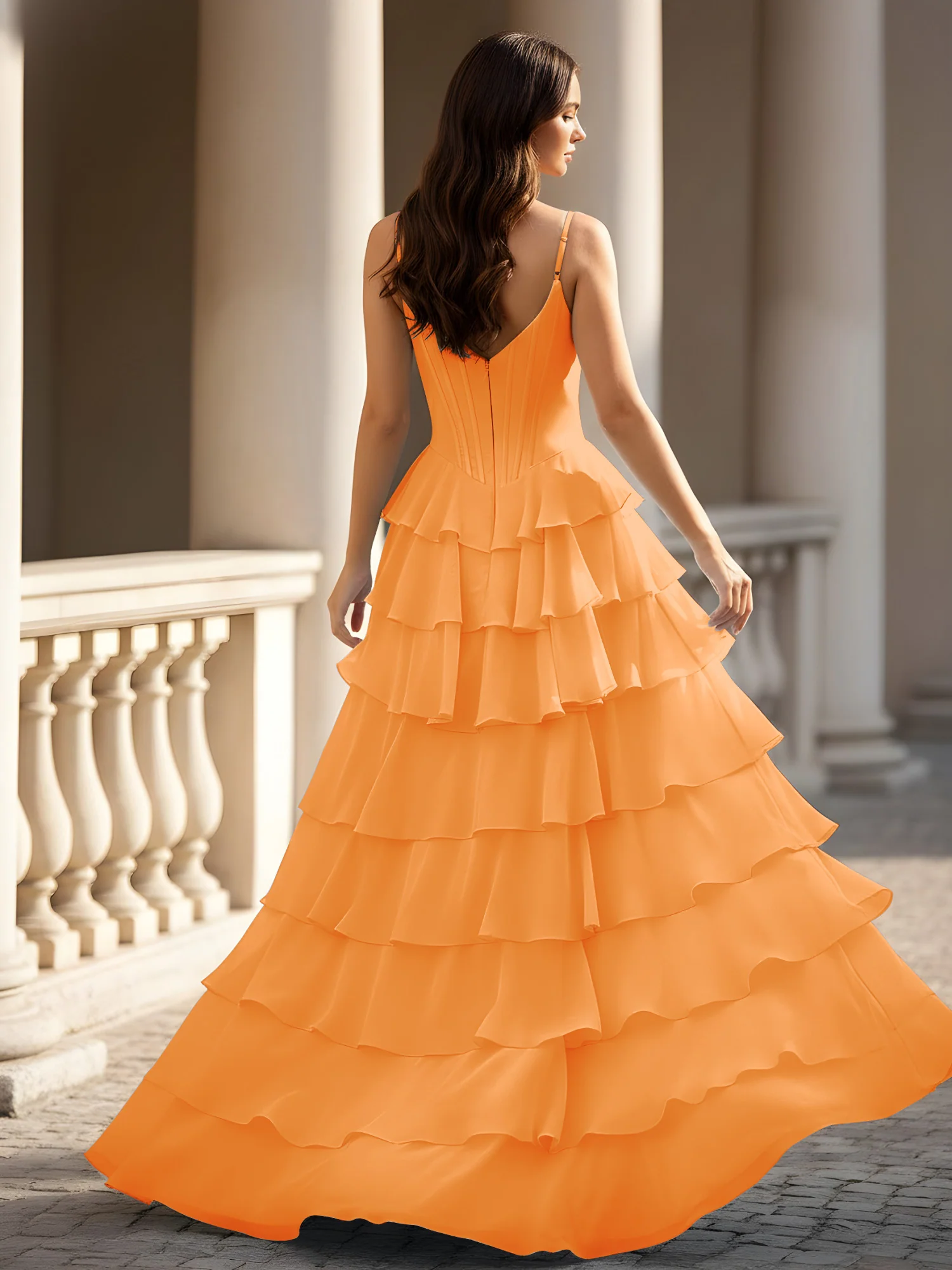 Spaghetti Straps A-Line Chiffon Tiered Dress With Slit Orange - Image 2