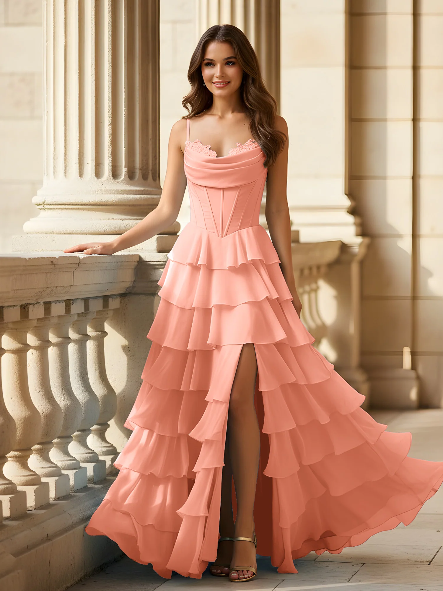 Spaghetti Straps A-Line Chiffon Tiered Dress With Slit Papaya