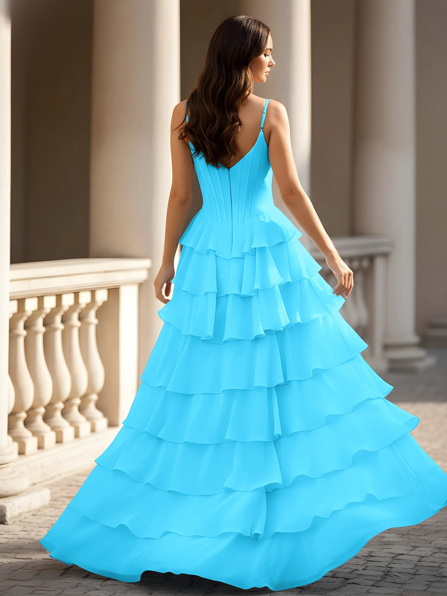 Spaghetti Straps A-Line Chiffon Tiered Dress With Slit Pool - Image 2