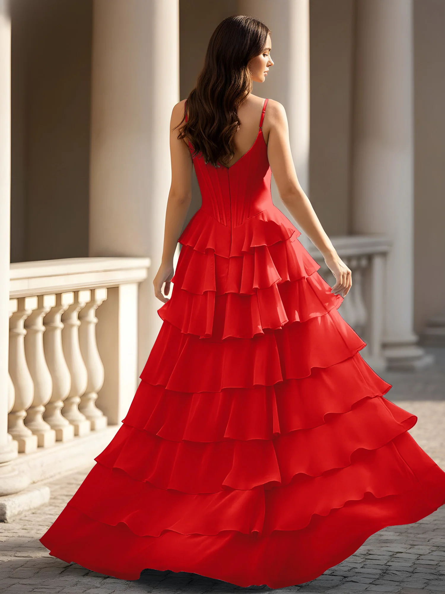 Spaghetti Straps A-Line Chiffon Tiered Dress With Slit Red - Image 2