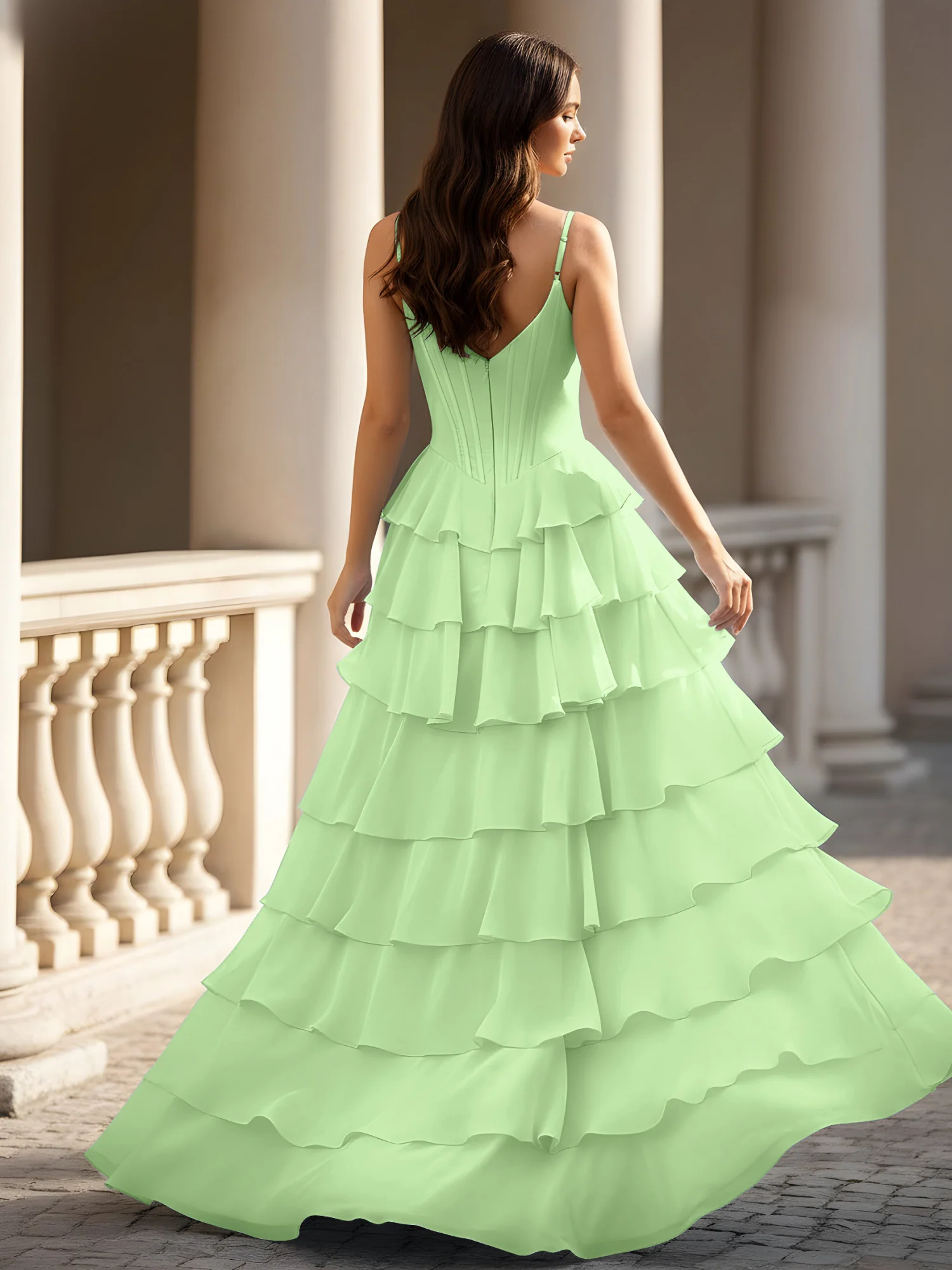 Spaghetti Straps A-Line Chiffon Tiered Dress With Slit Sage - Image 2