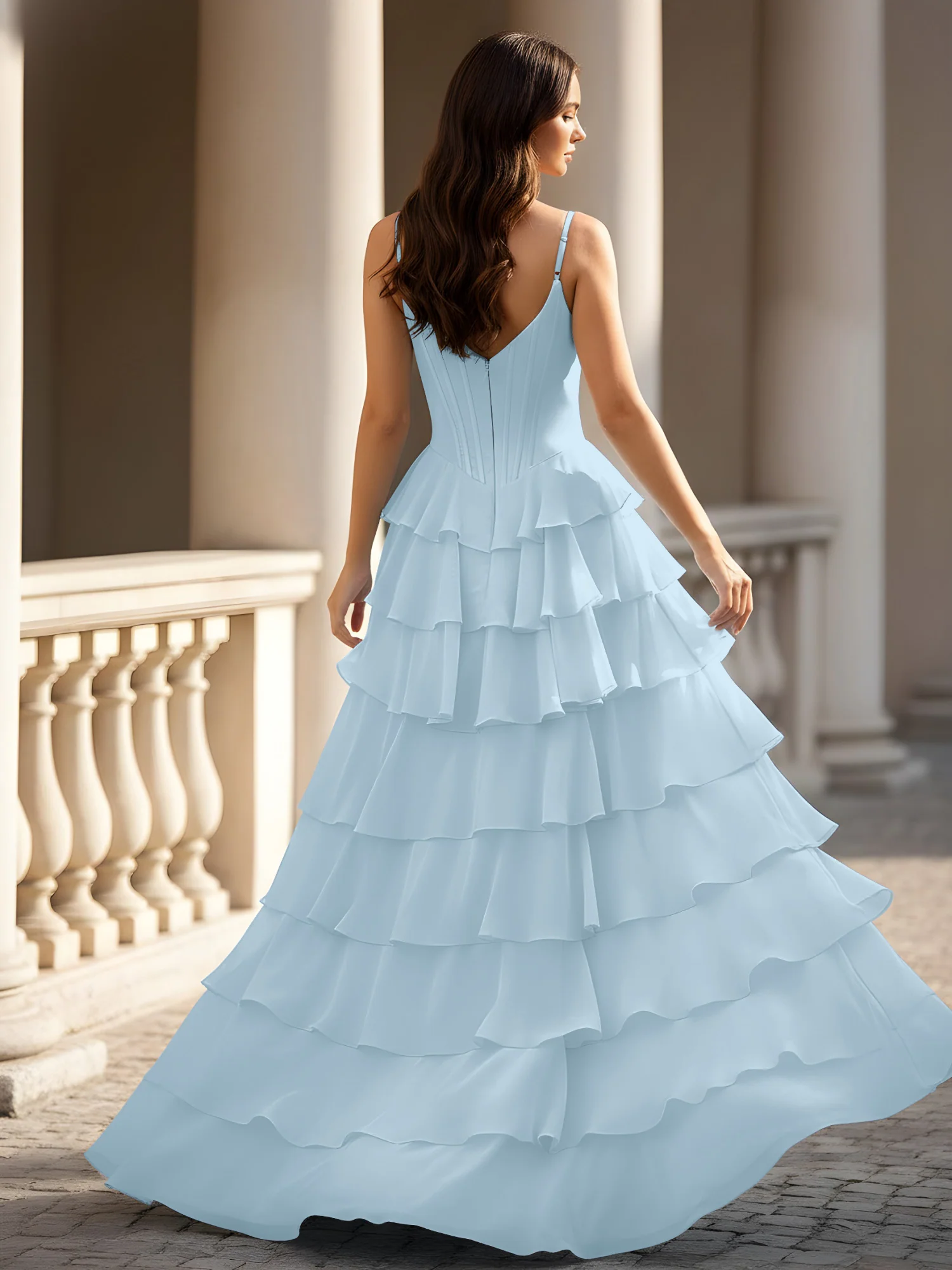 Spaghetti Straps A-Line Chiffon Tiered Dress With Slit Sky Blue - Image 2