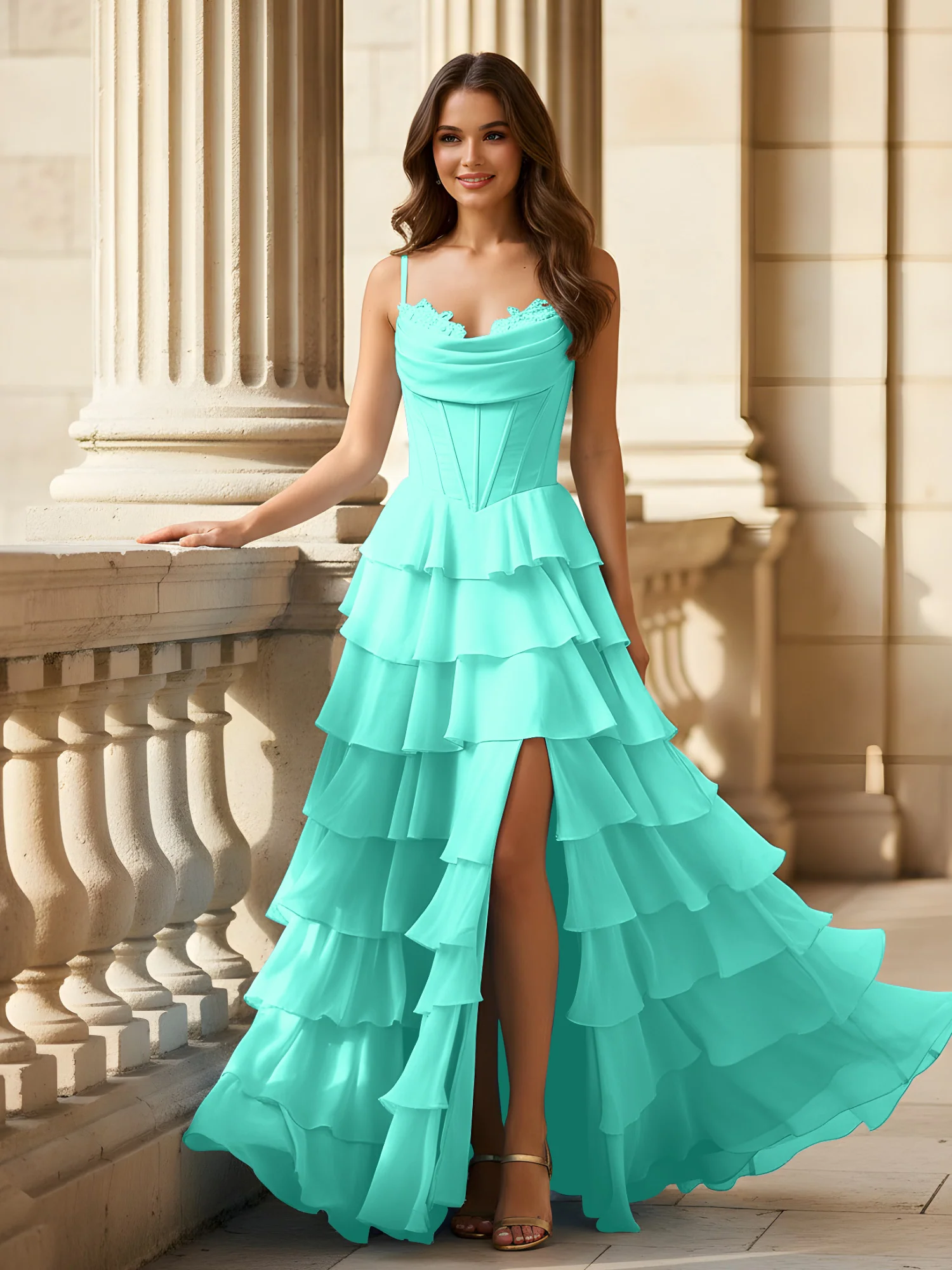 Spaghetti Straps A-Line Chiffon Tiered Dress With Slit Spa