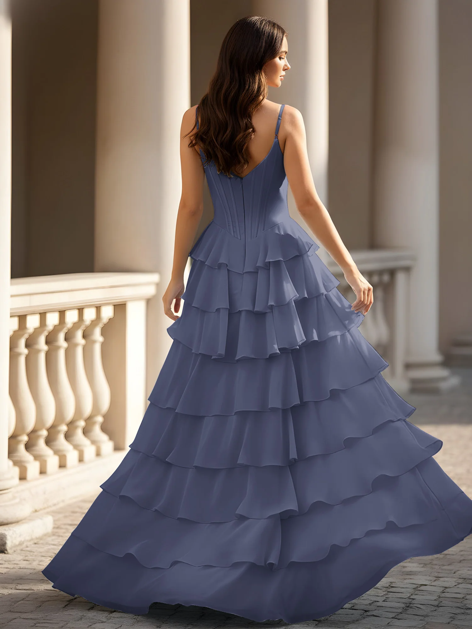 Spaghetti Straps A-Line Chiffon Tiered Dress With Slit Stormy - Image 2