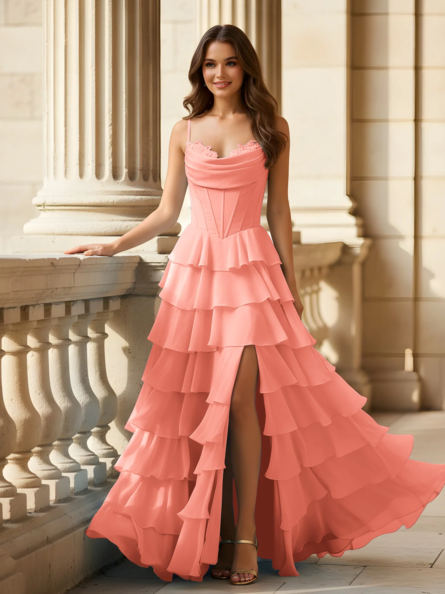 Spaghetti Straps A-Line Chiffon Tiered Dress With Slit Sunset