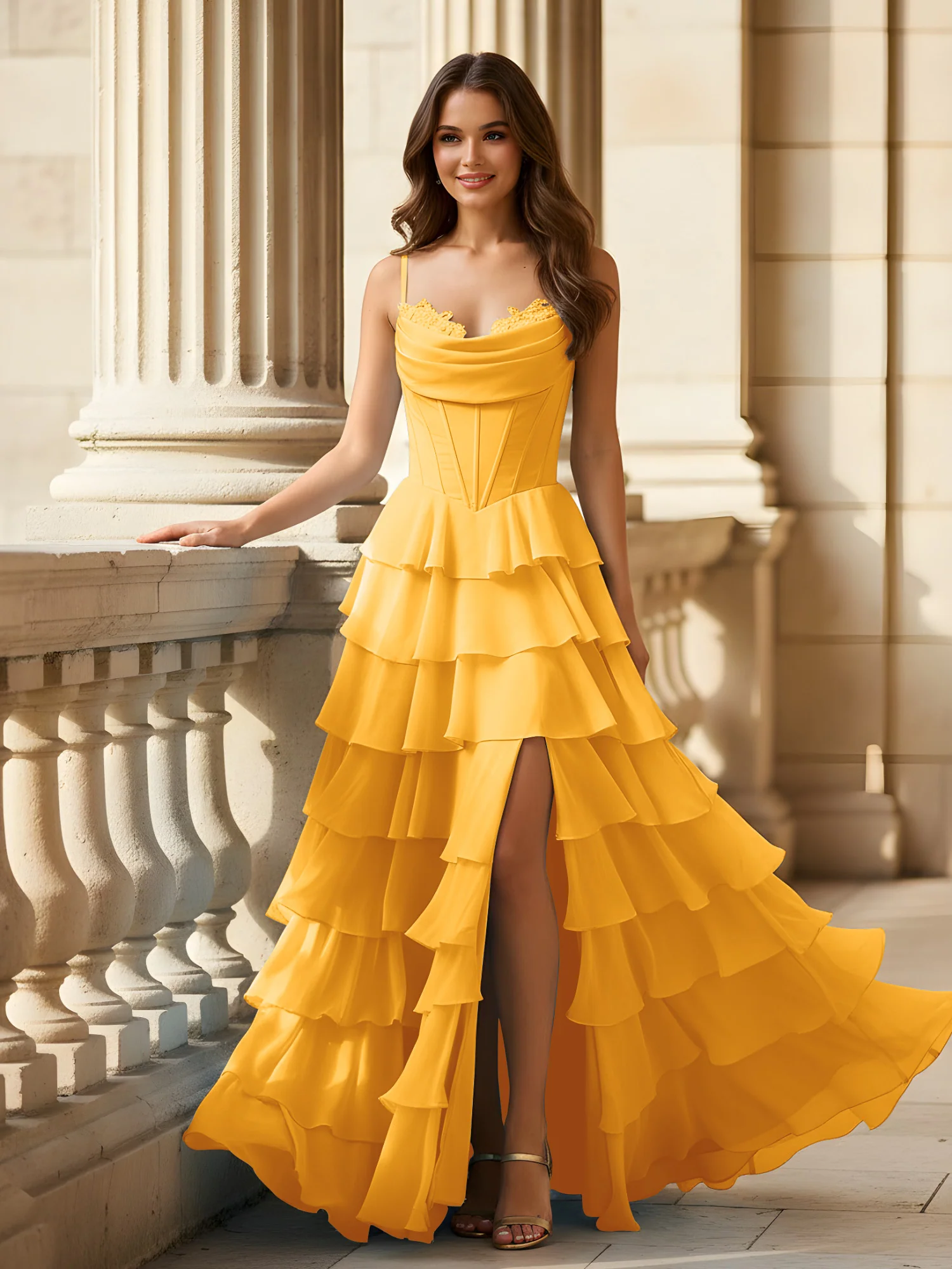 Spaghetti Straps A-Line Chiffon Tiered Dress With Slit Tangerine