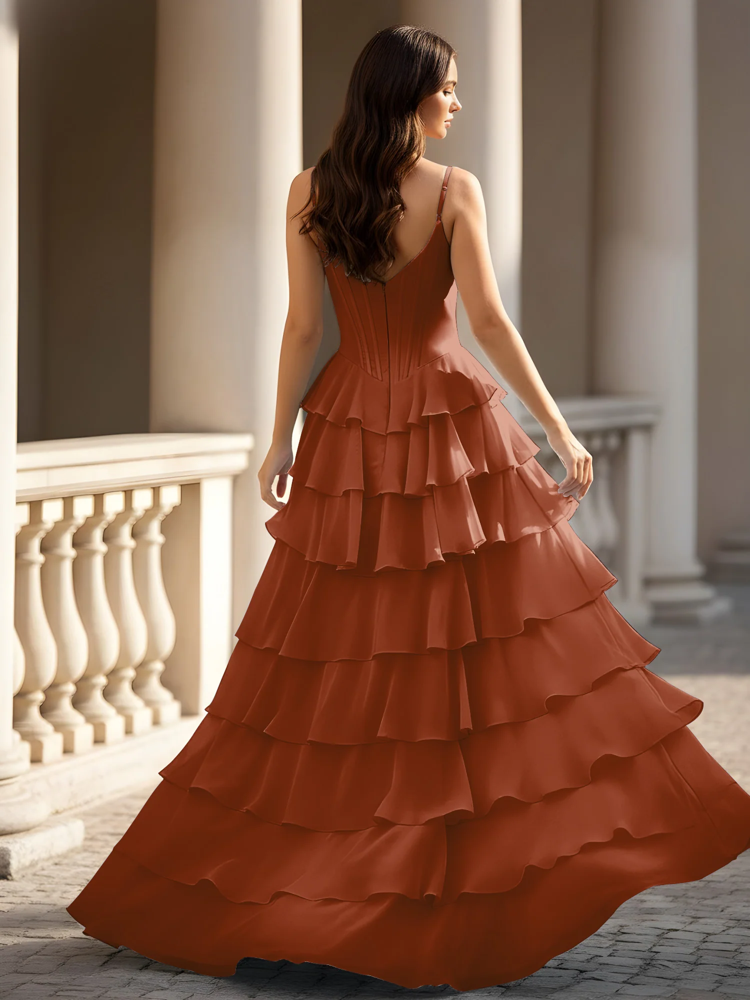 Spaghetti Straps A-Line Chiffon Tiered Dress With Slit Terracotta - Image 2