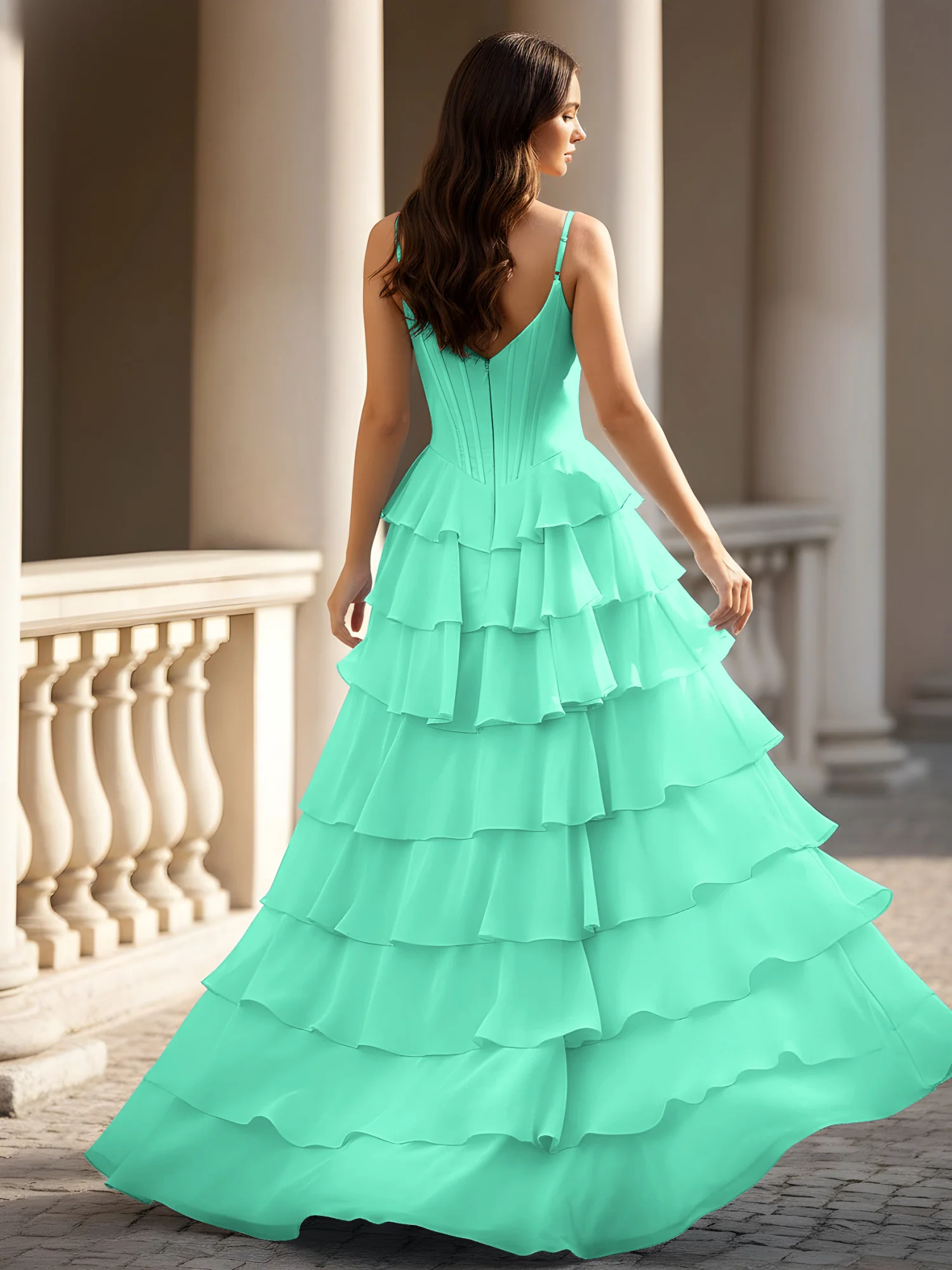 Spaghetti Straps A-Line Chiffon Tiered Dress With Slit Turquoise - Image 2