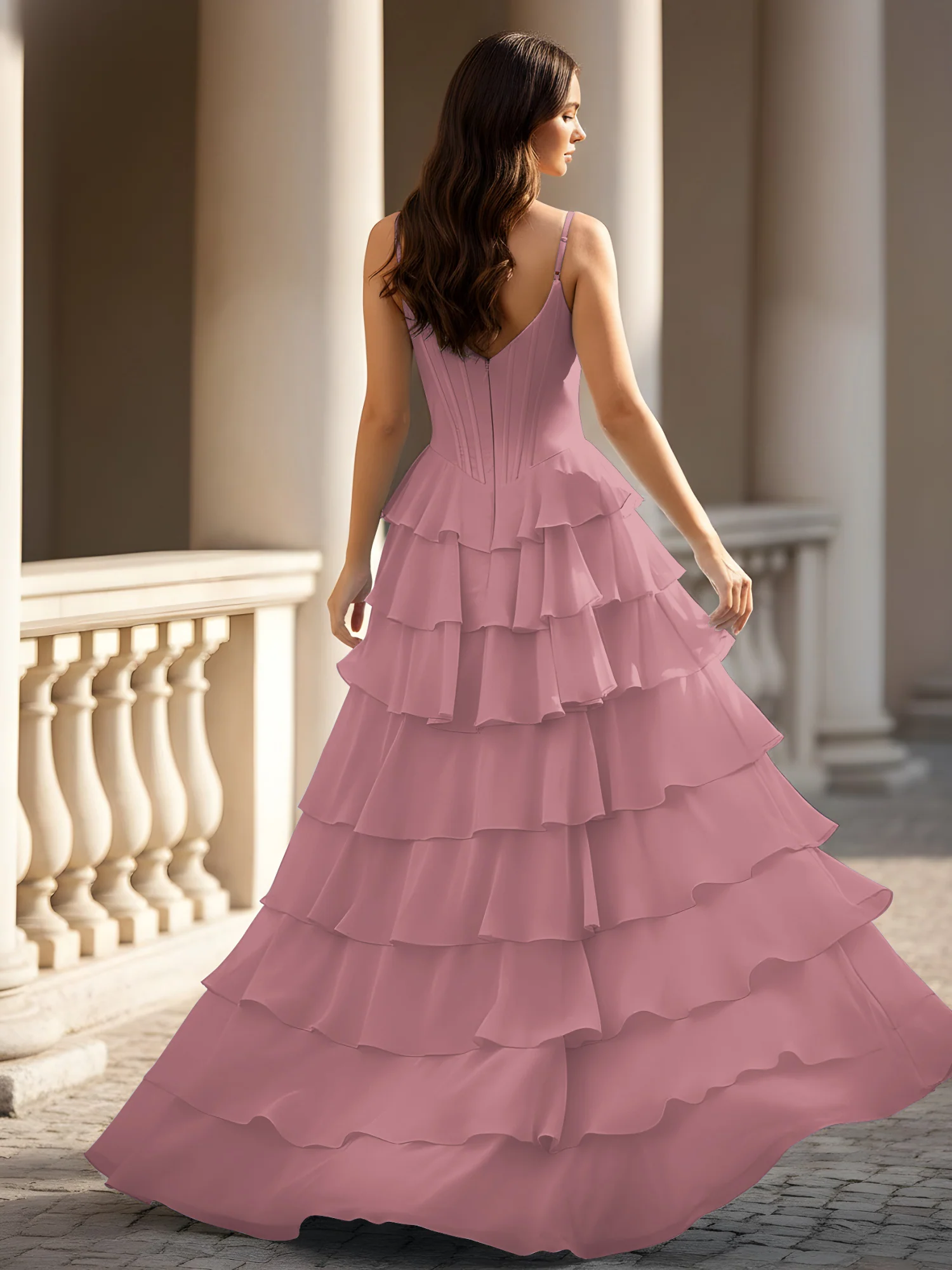 Spaghetti Straps A-Line Chiffon Tiered Dress With Slit Vintage Mauve - Image 2