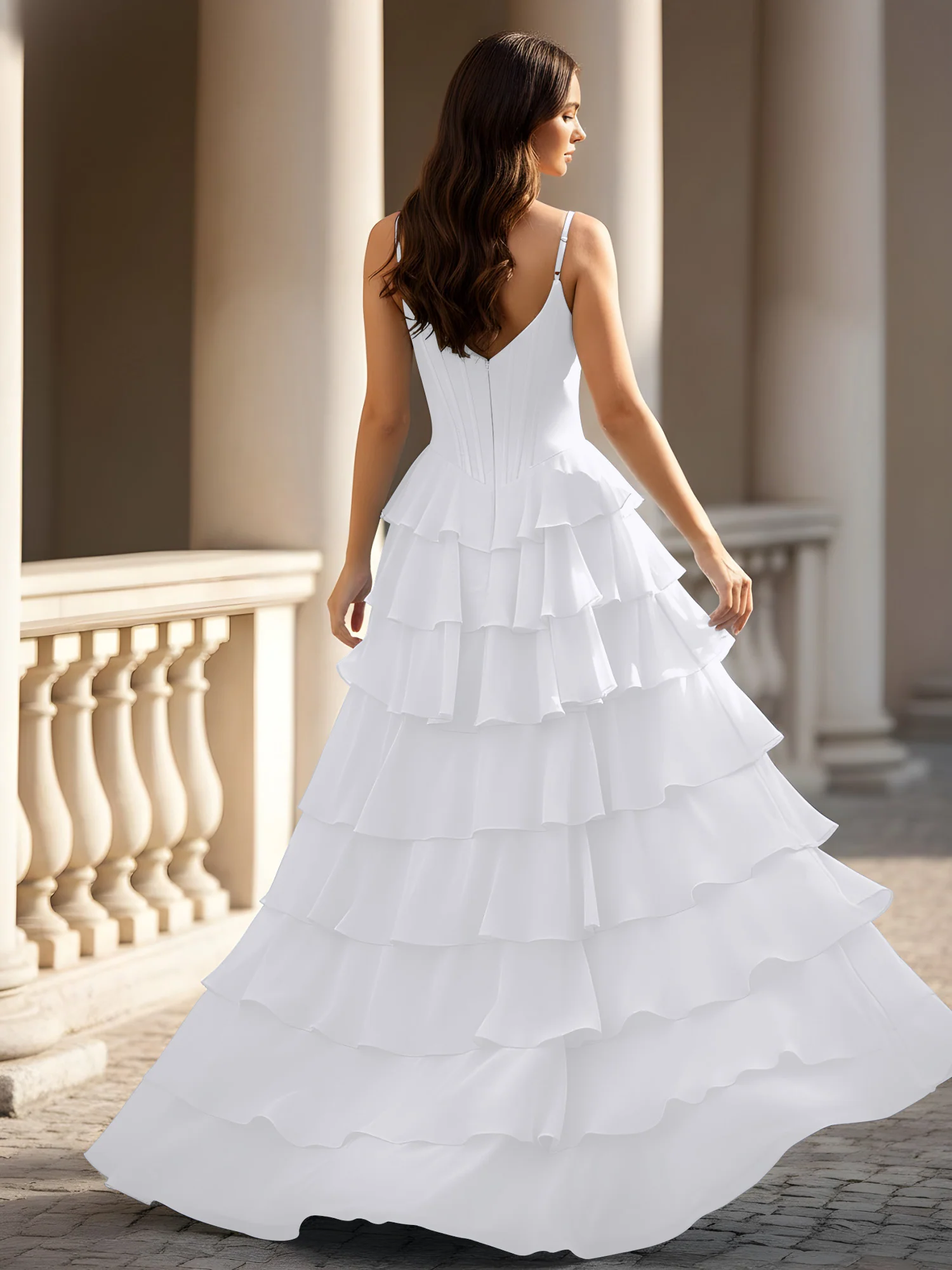 Spaghetti Straps A-Line Chiffon Tiered Dress With Slit White - Image 2