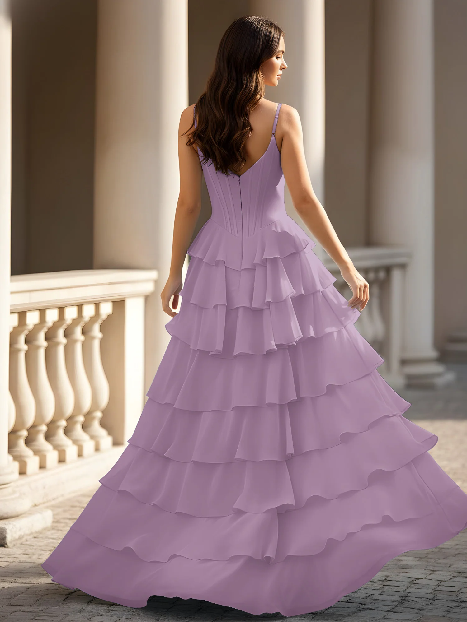 Spaghetti Straps A-Line Chiffon Tiered Dress With Slit Wisteria - Image 2