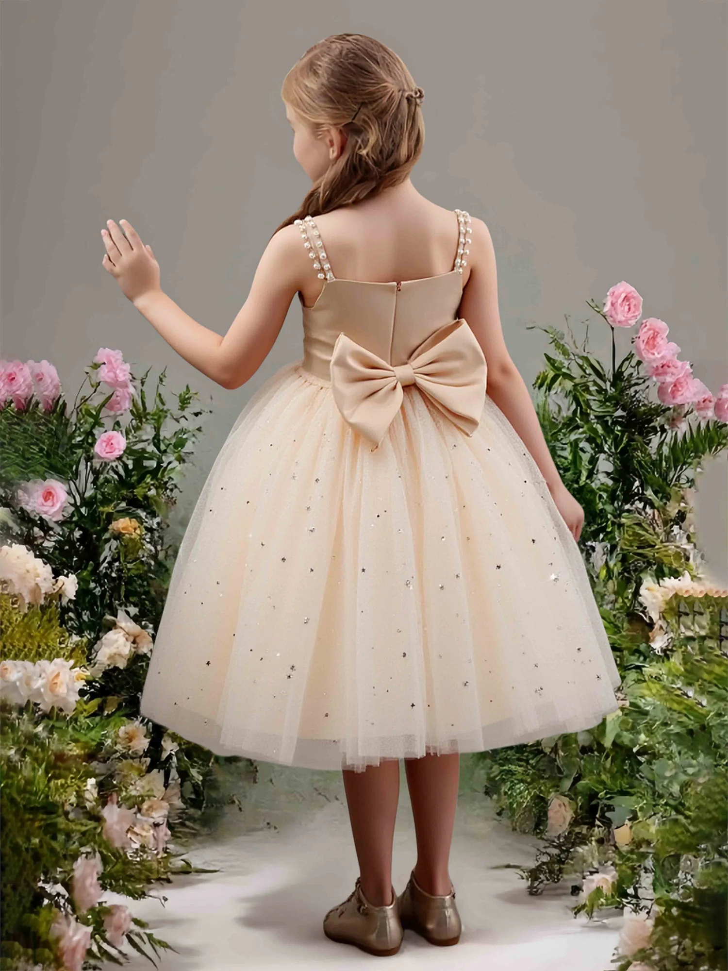 Sleeveless Glitter Skirt Party Flower Girl Dress Champagne - Image 2