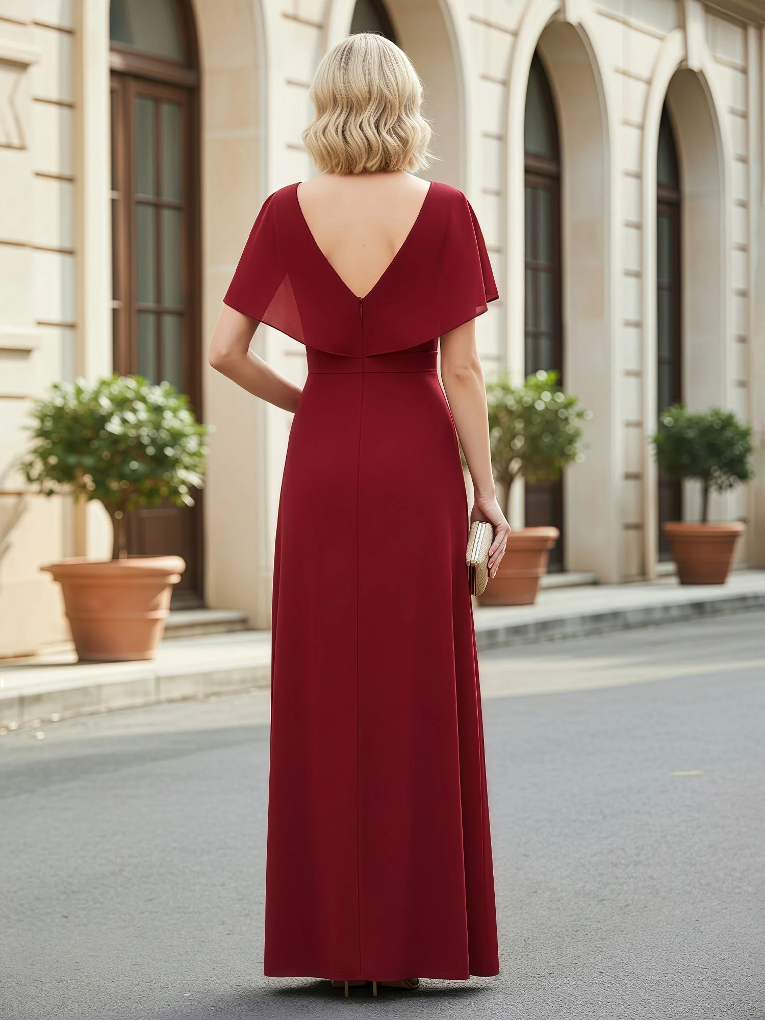 A-Line Flutter Sleeves Pleated V-neck Dress With Slit Stormy - Image 2