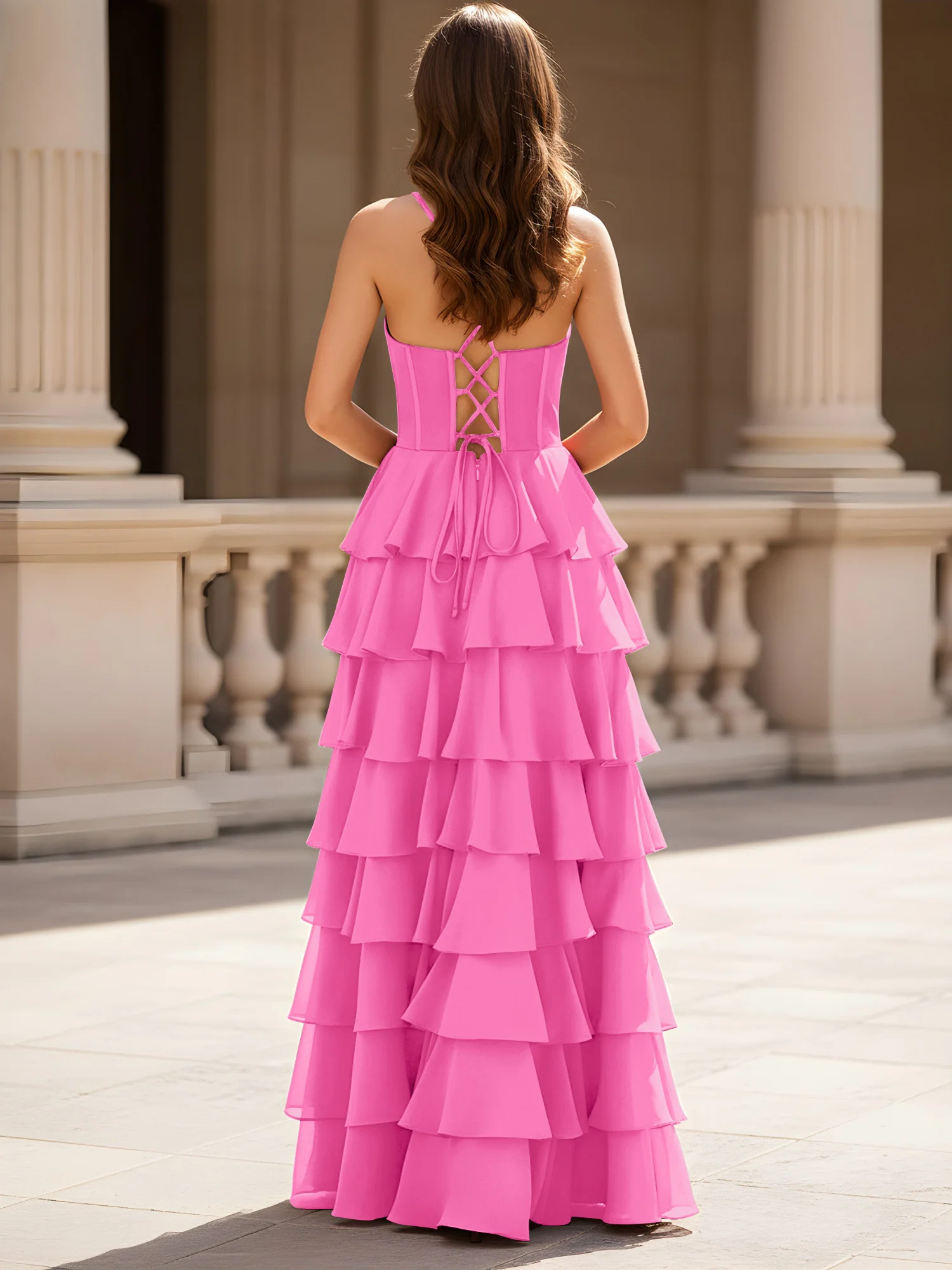 Sweetheart Neck A-Line Tiered Chiffon Slit Dress Azalea - Image 2