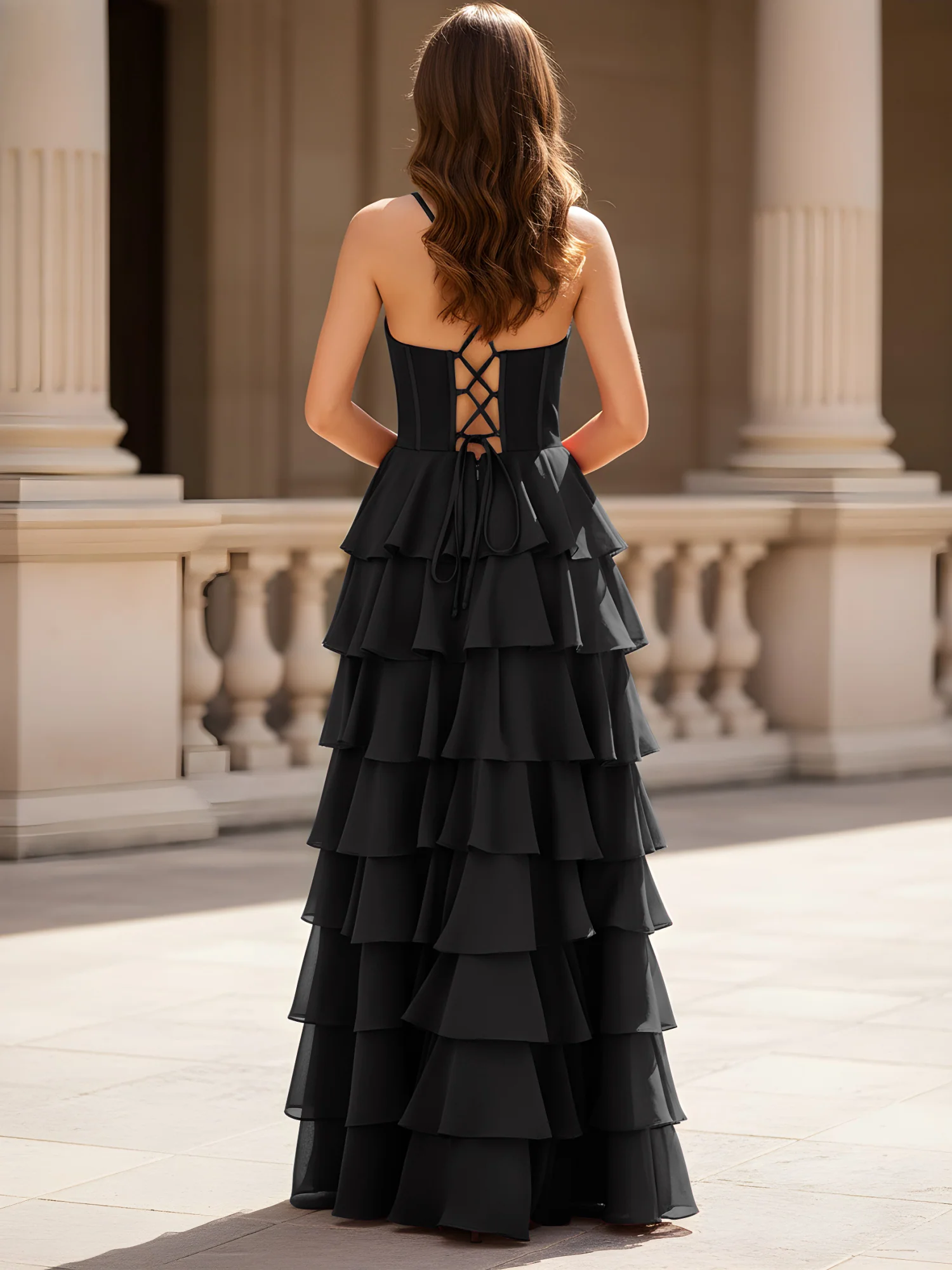Sweetheart Neck A-Line Tiered Chiffon Slit Dress Black - Image 2